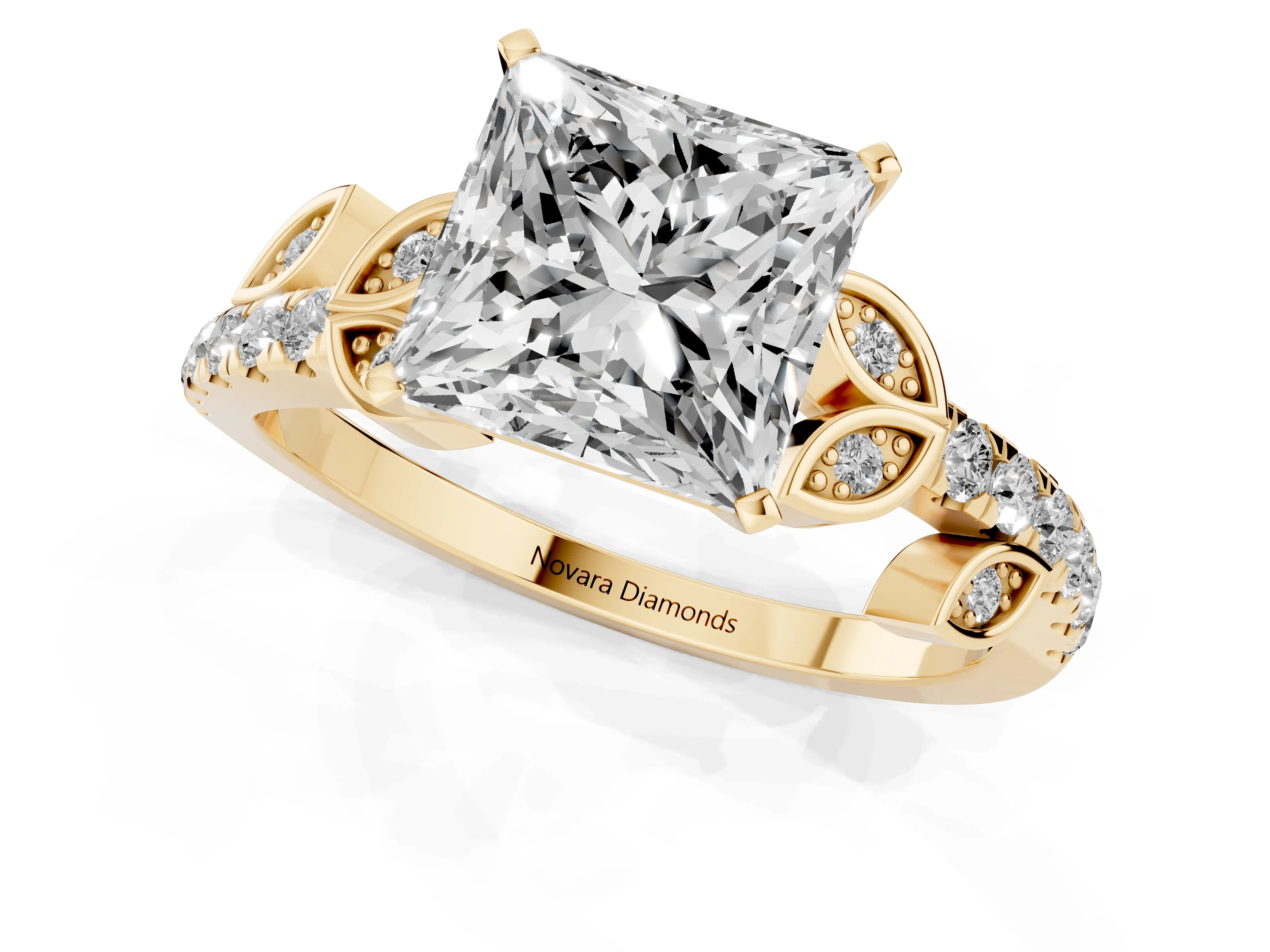 Princess Cut Diamond Solitaire Leaf-Inspired Ring Set in Yellow gold with Pavé Band and Prong Setting