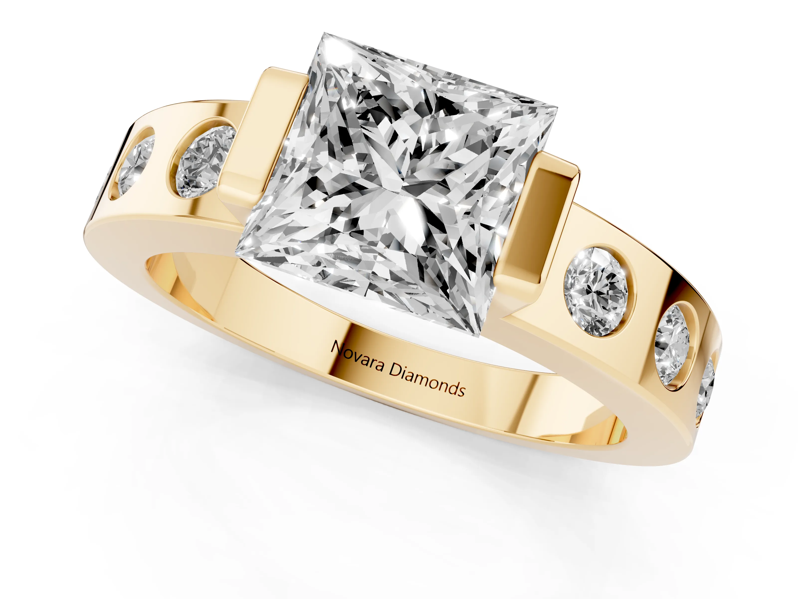 Princess Cut Diamond Channel-Set Band Ring Set in Yellow gold with Bezel Prong Setting