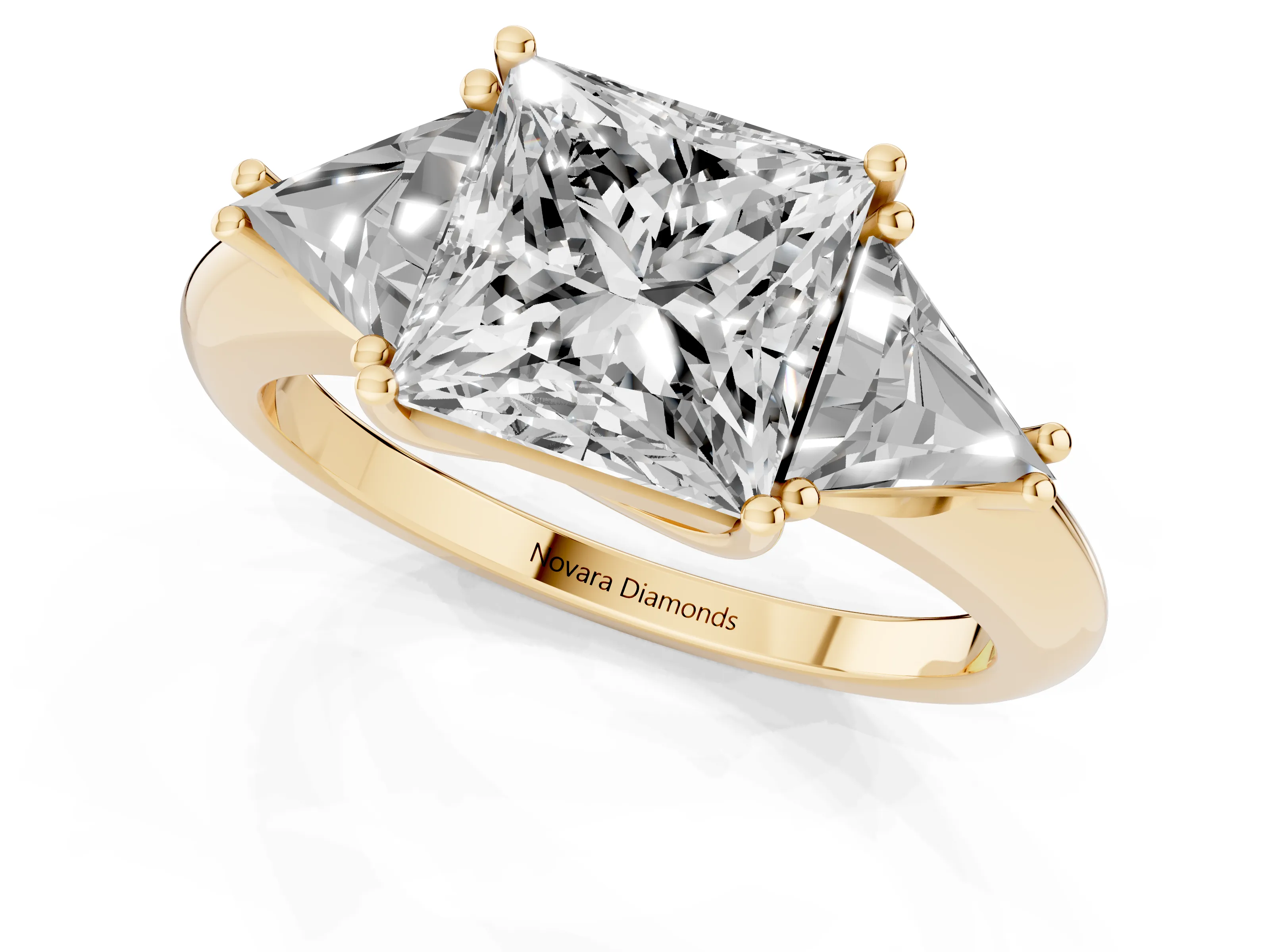 Princess Cut Diamond Three-Stone Engagement Ring Set in Yellow gold with Trillion Side Stones