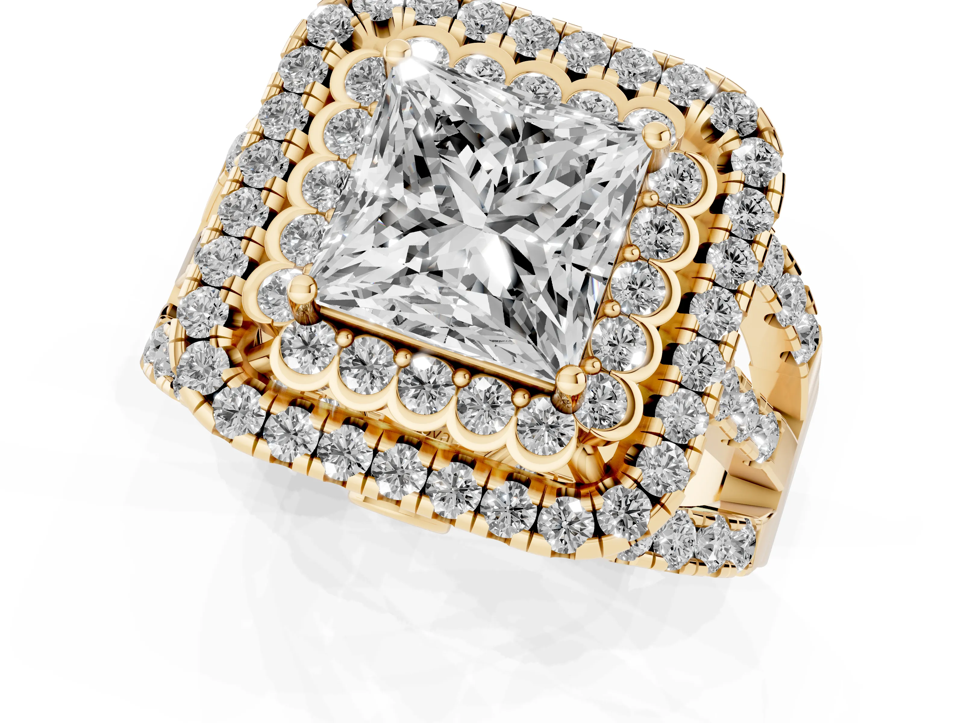 Princess Cut Diamond Double Halo Ring Set in Yellow gold with Round Pavé Split Shank