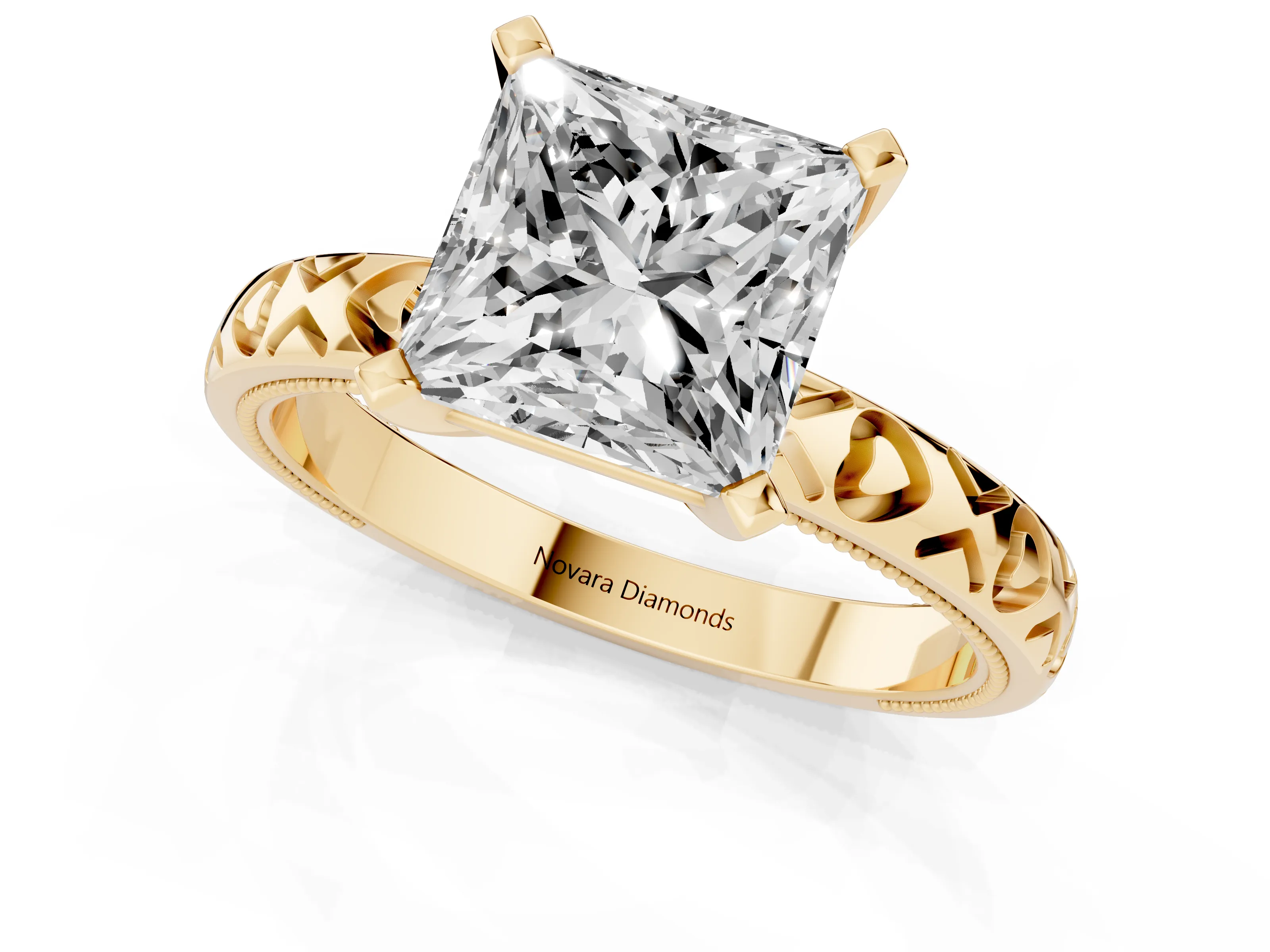 Princess Cut Diamond Solitaire Engagement Ring Set in Yellow gold with XO Engraved Band and Prong Setting