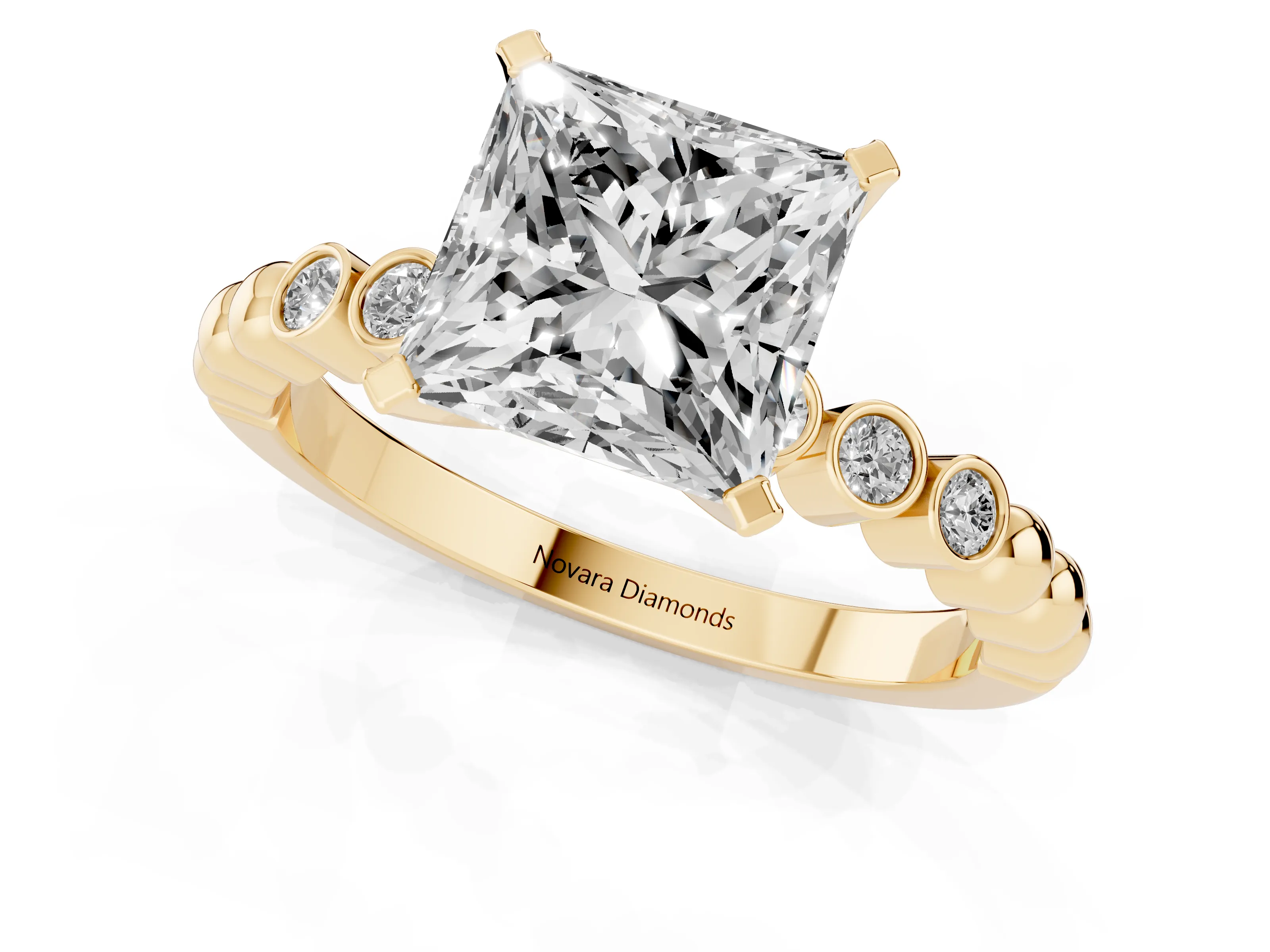 Princess Cut Diamond Solitaire Engagement Ring Set in Yellow gold with Bezel Accents on Beaded Band – second view