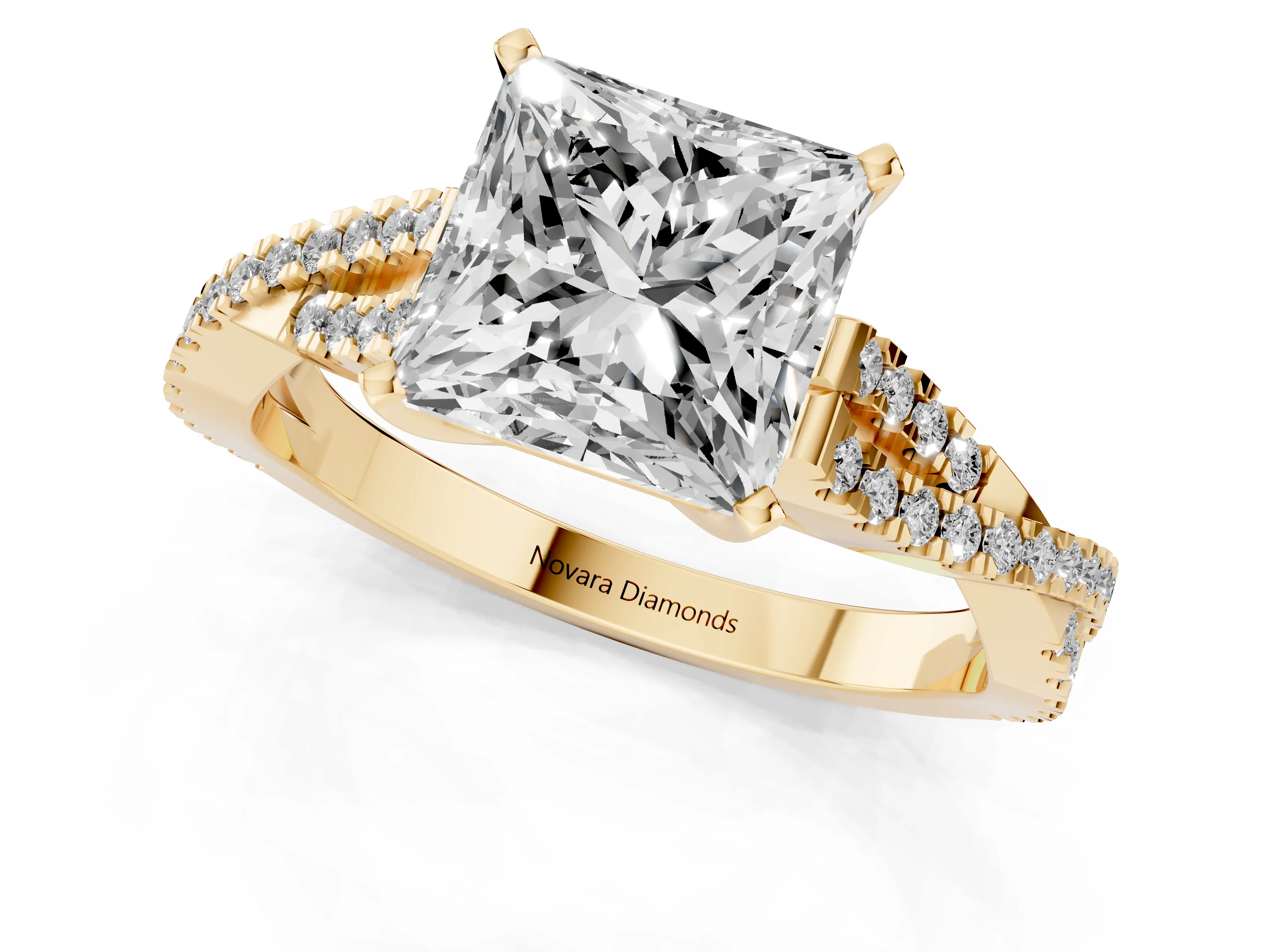 Princess Cut Diamond Solitaire Engagement Ring Set in Yellow gold with Twisted Pavé Band and Prong Setting