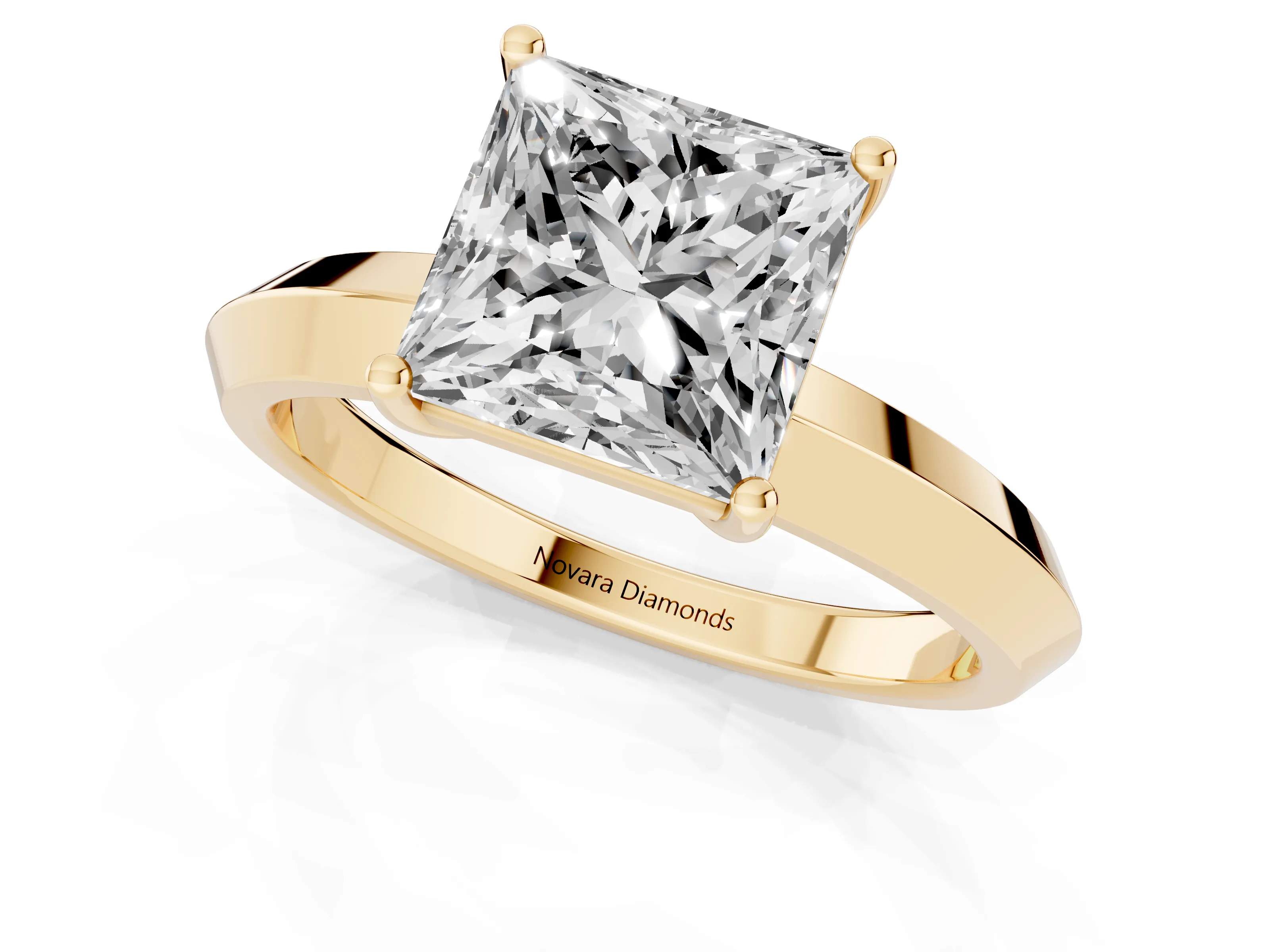 Princess Cut Diamond Solitaire Engagement Ring Set in Yellow gold with Flat Band and Prong Setting – second view