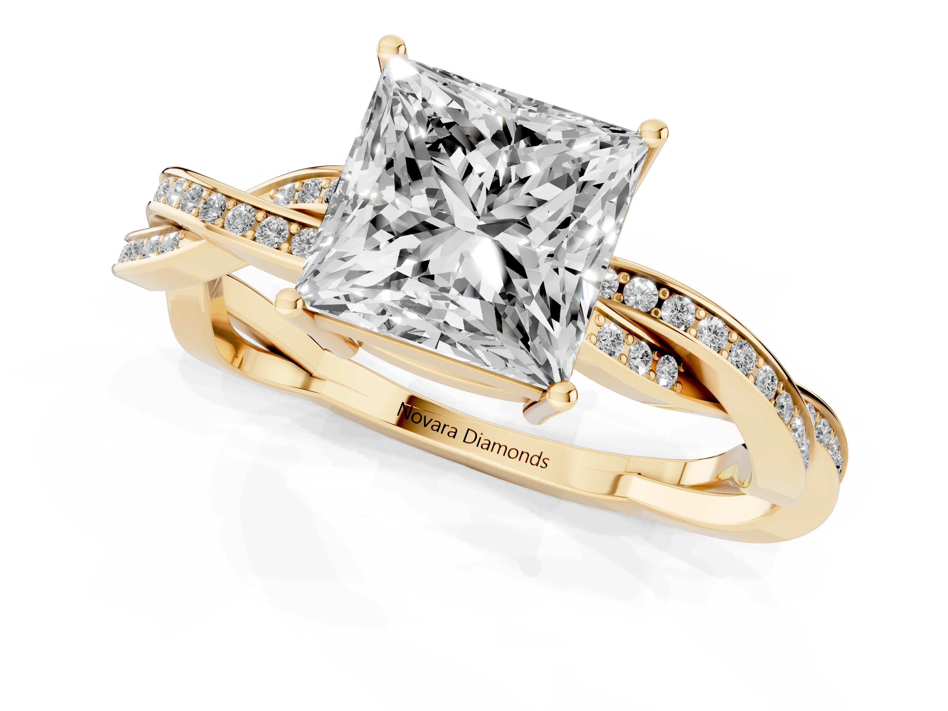Princess Cut Diamond Solitaire Twisted Pavé Ring Set in Yellow gold with Prong Setting