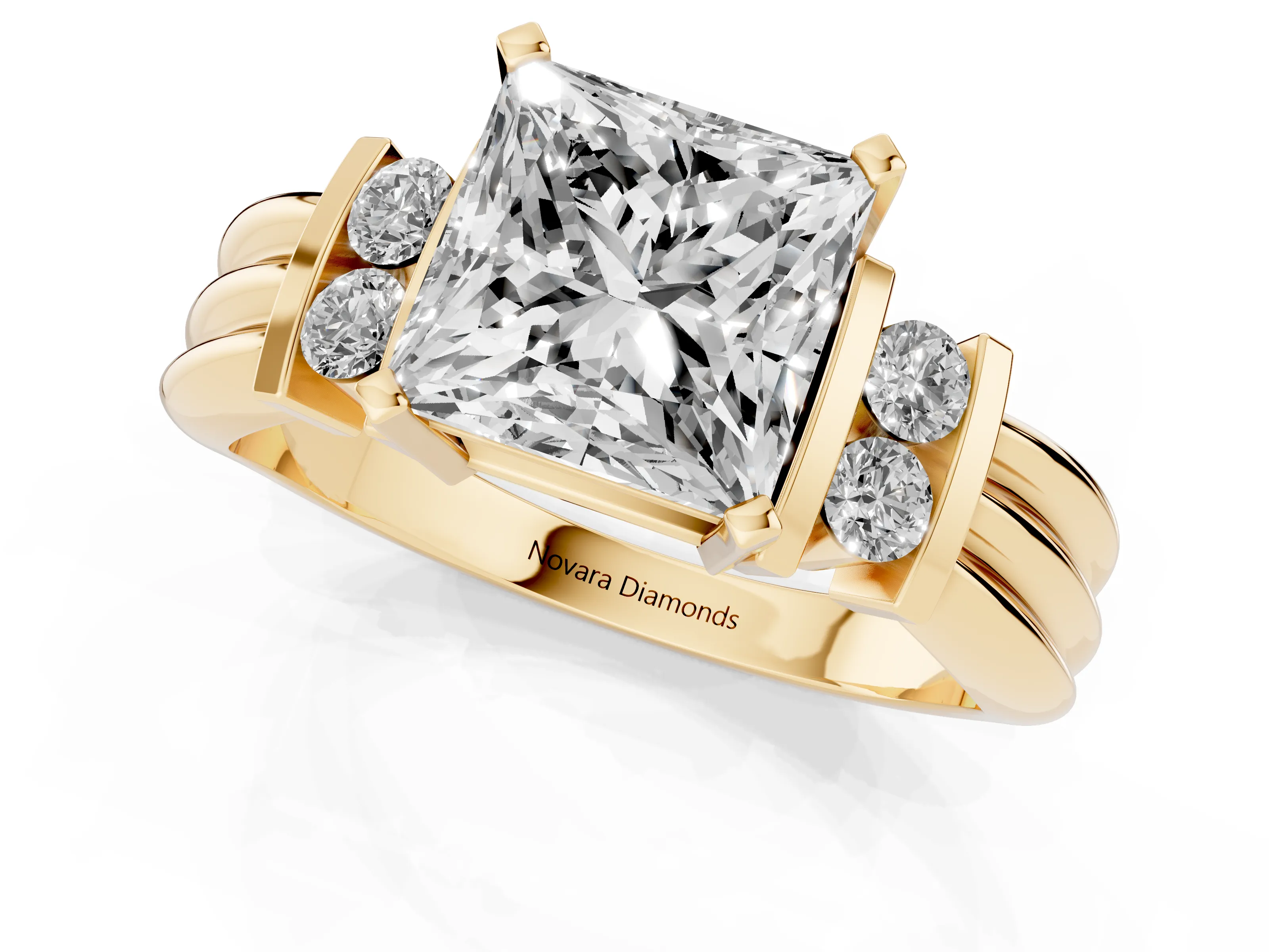 Three-Stone Princess Cut Diamond Channel Set Ring Set in Yellow gold with Bar Prongs