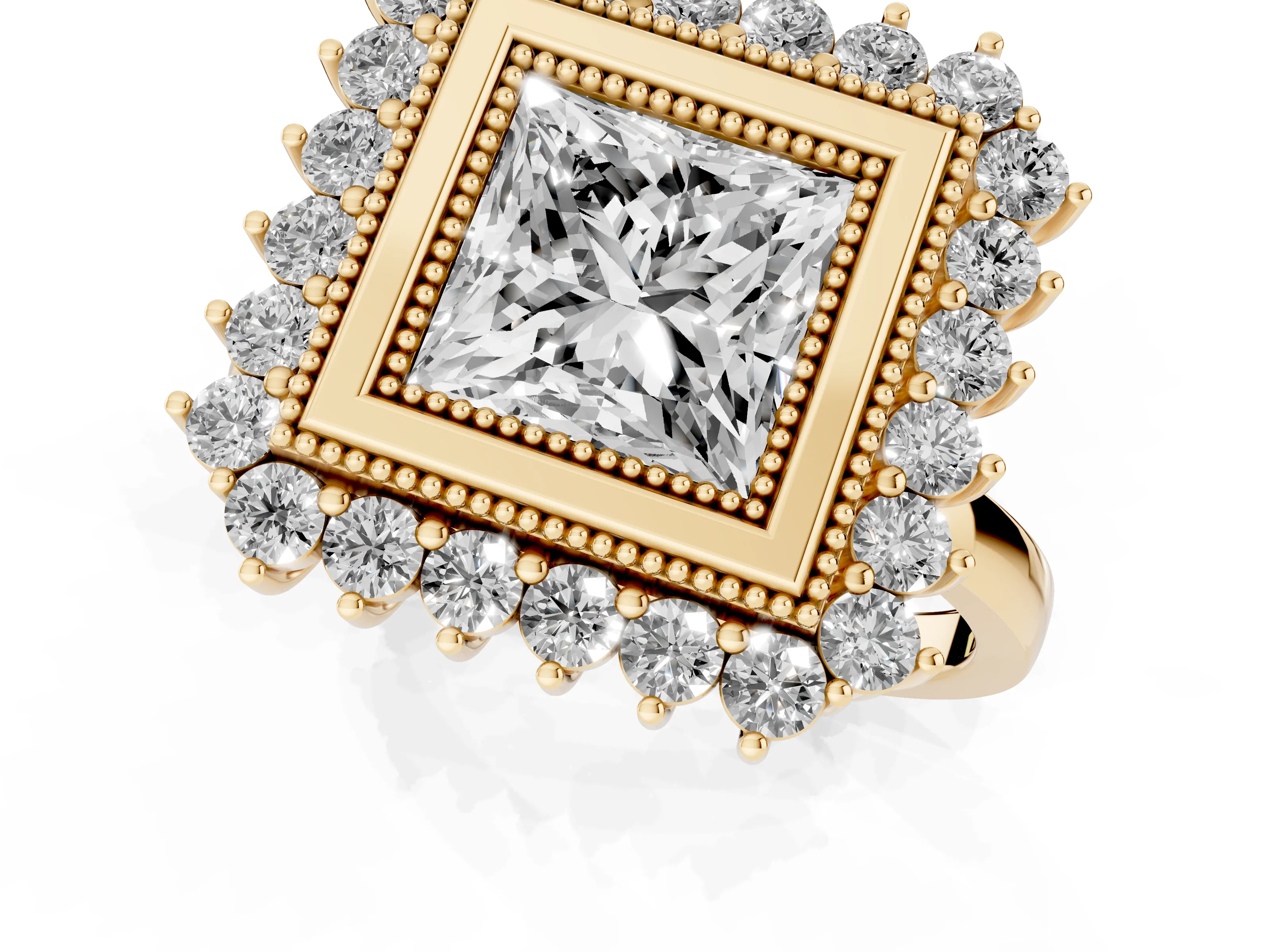 Princess Cut Diamond Halo Ring Set in Yellow gold with Milgrain Edge and Round Prong Setting – second view