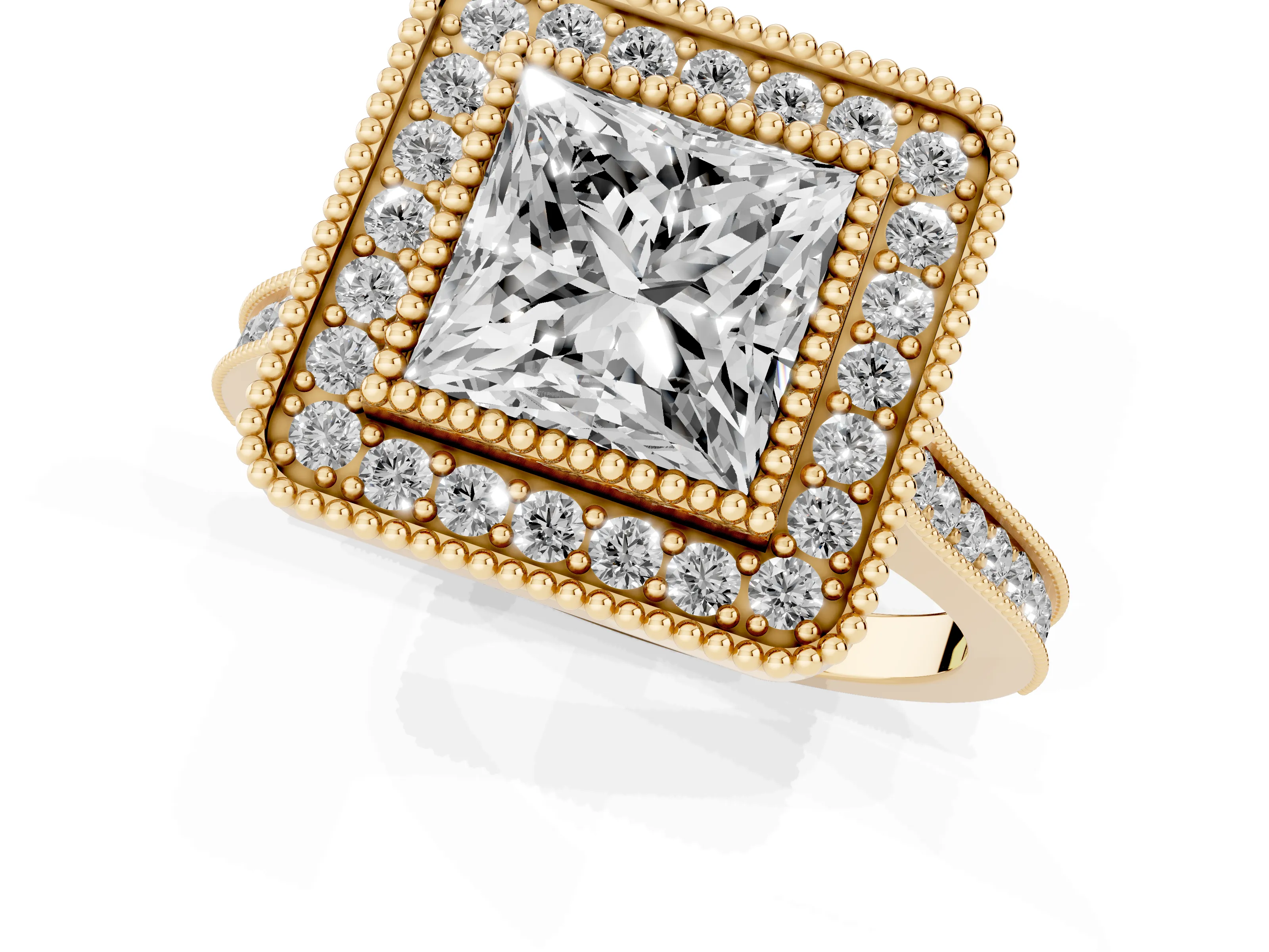 Princess Cut Diamond Halo Ring Set in Yellow gold with Milgrain Frame and Pavé Band