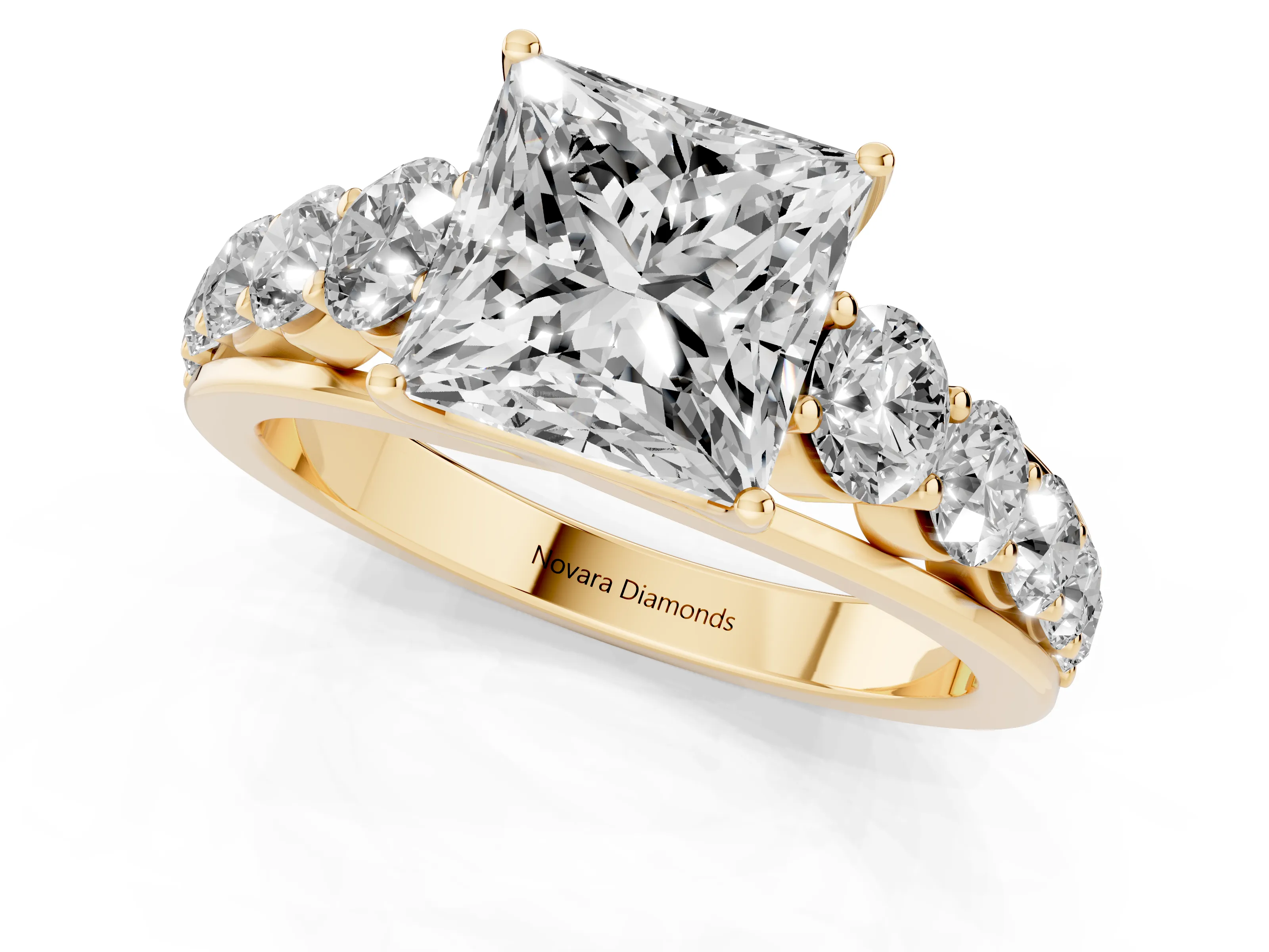 Princess Cut Diamond Solitaire Ring Set in Yellow gold with Pavé-Set Band and Prong Setting