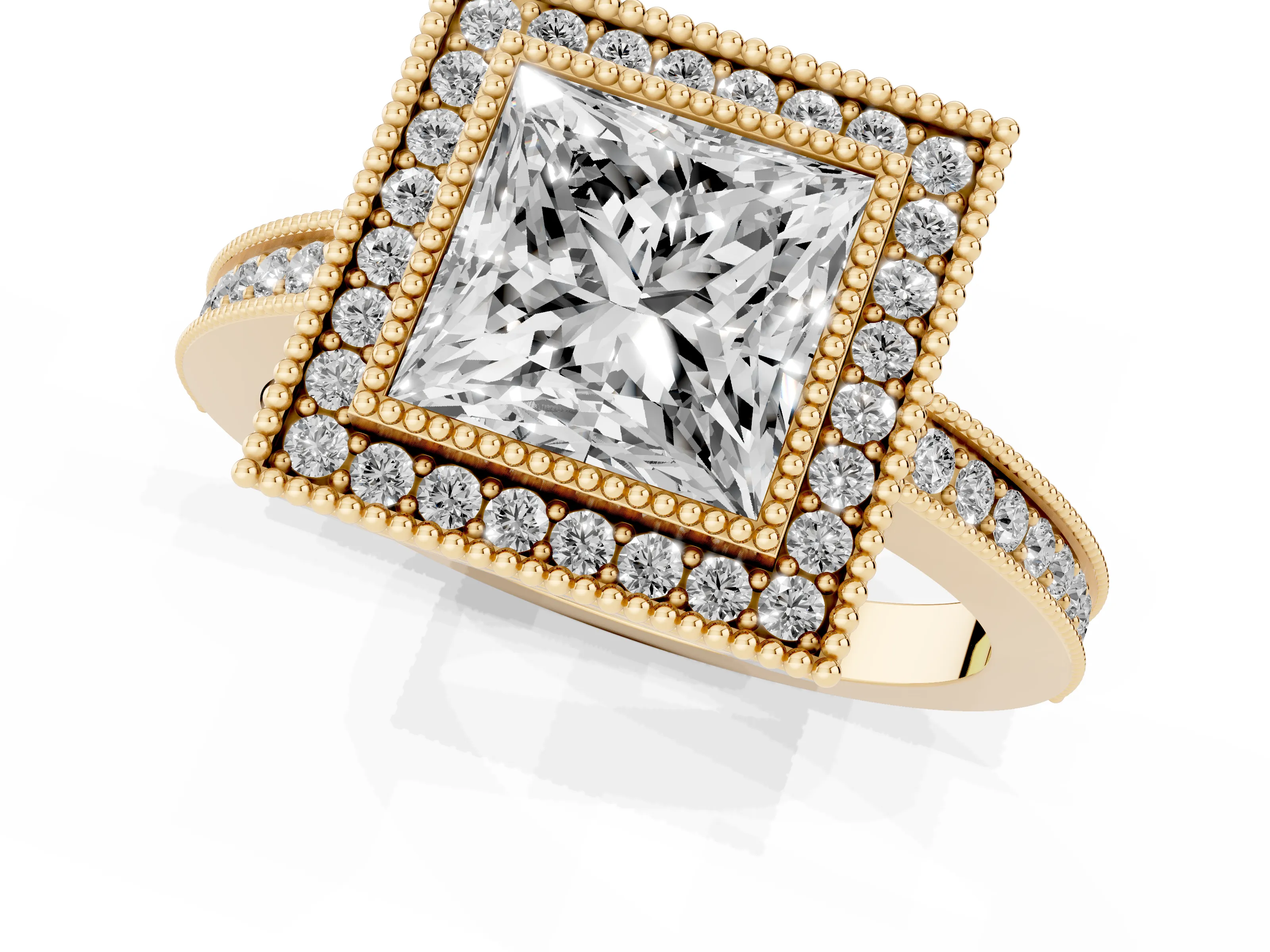 Princess Cut Diamond Halo Ring Set in Yellow gold with Pavé Band and Milgrain-Edged Prongs