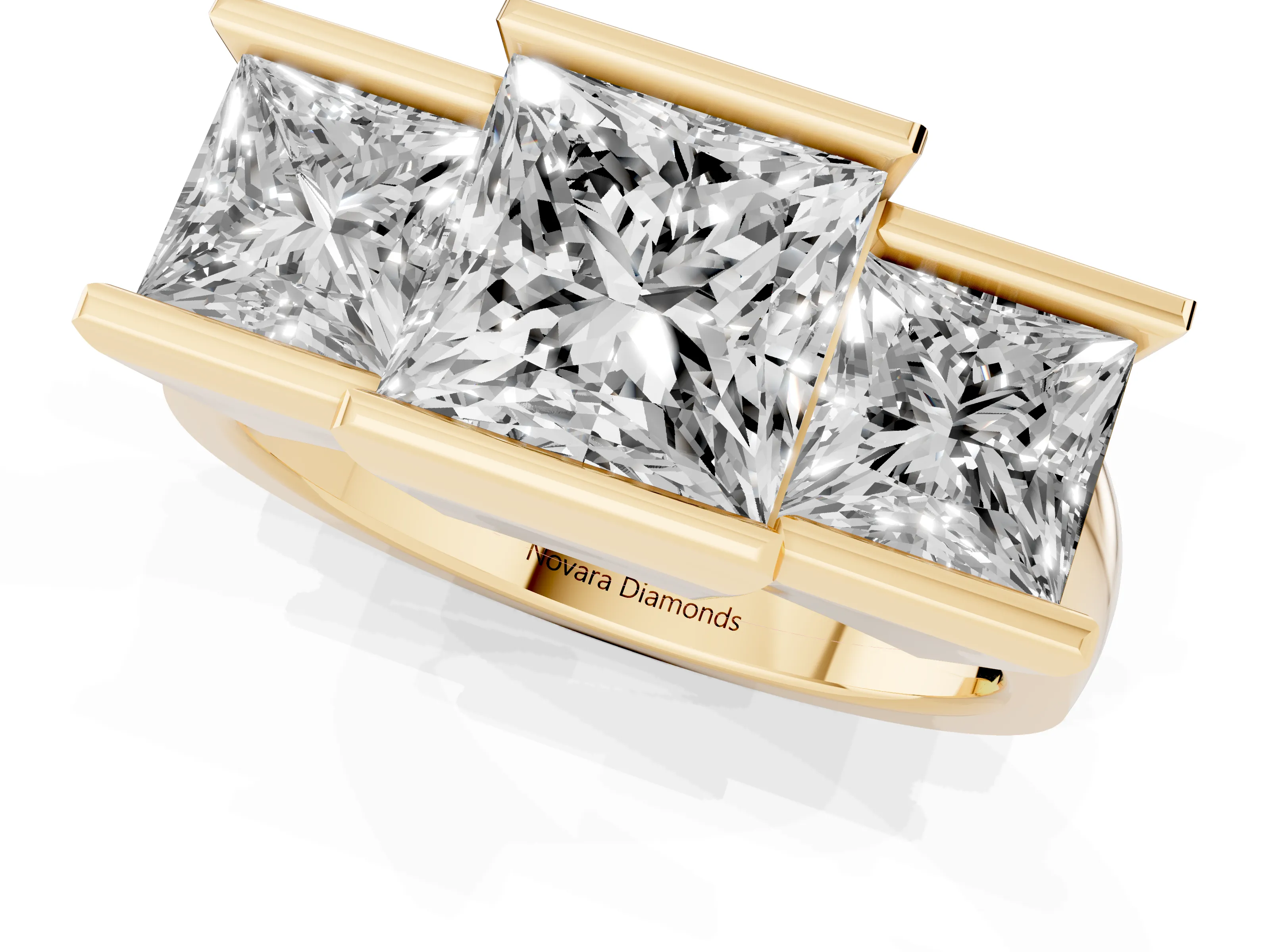 Princess Cut Diamond Three-Stone Channel Set Ring Set in Yellow gold with Smooth Polished Band