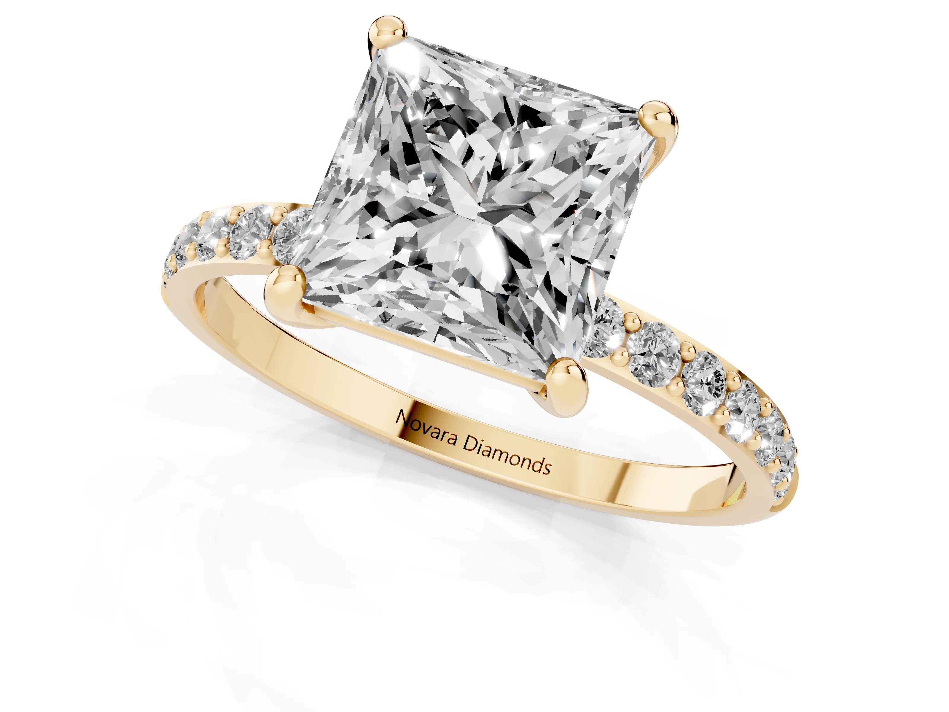Princess Cut Diamond Solitaire Ring Set in Yellow gold with Round Pavé Band and Prong Setting