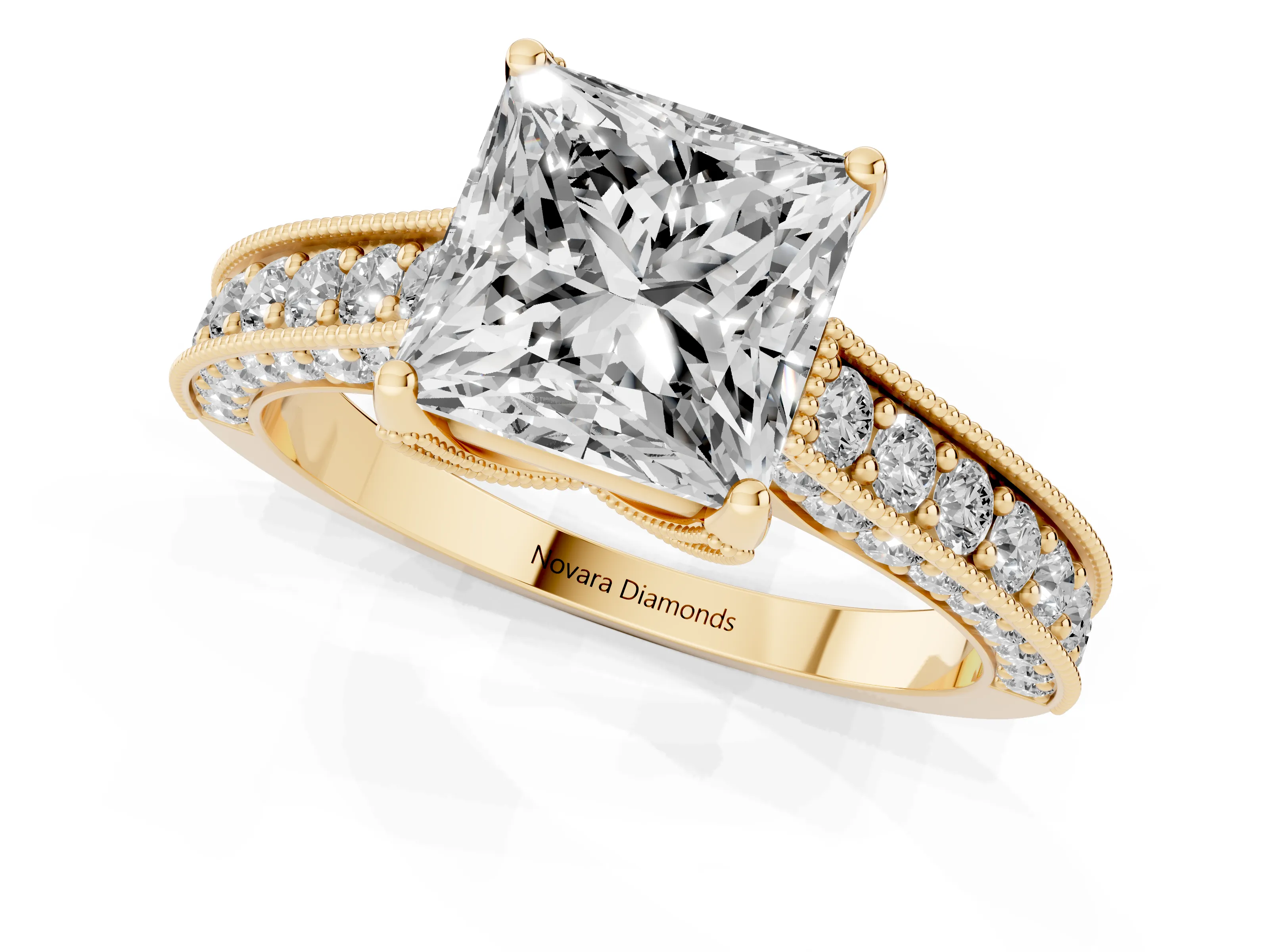 Princess Cut Diamond Solitaire Ring Set in Yellow gold with Milgrain-Edged Pavé Band and Prong Setting