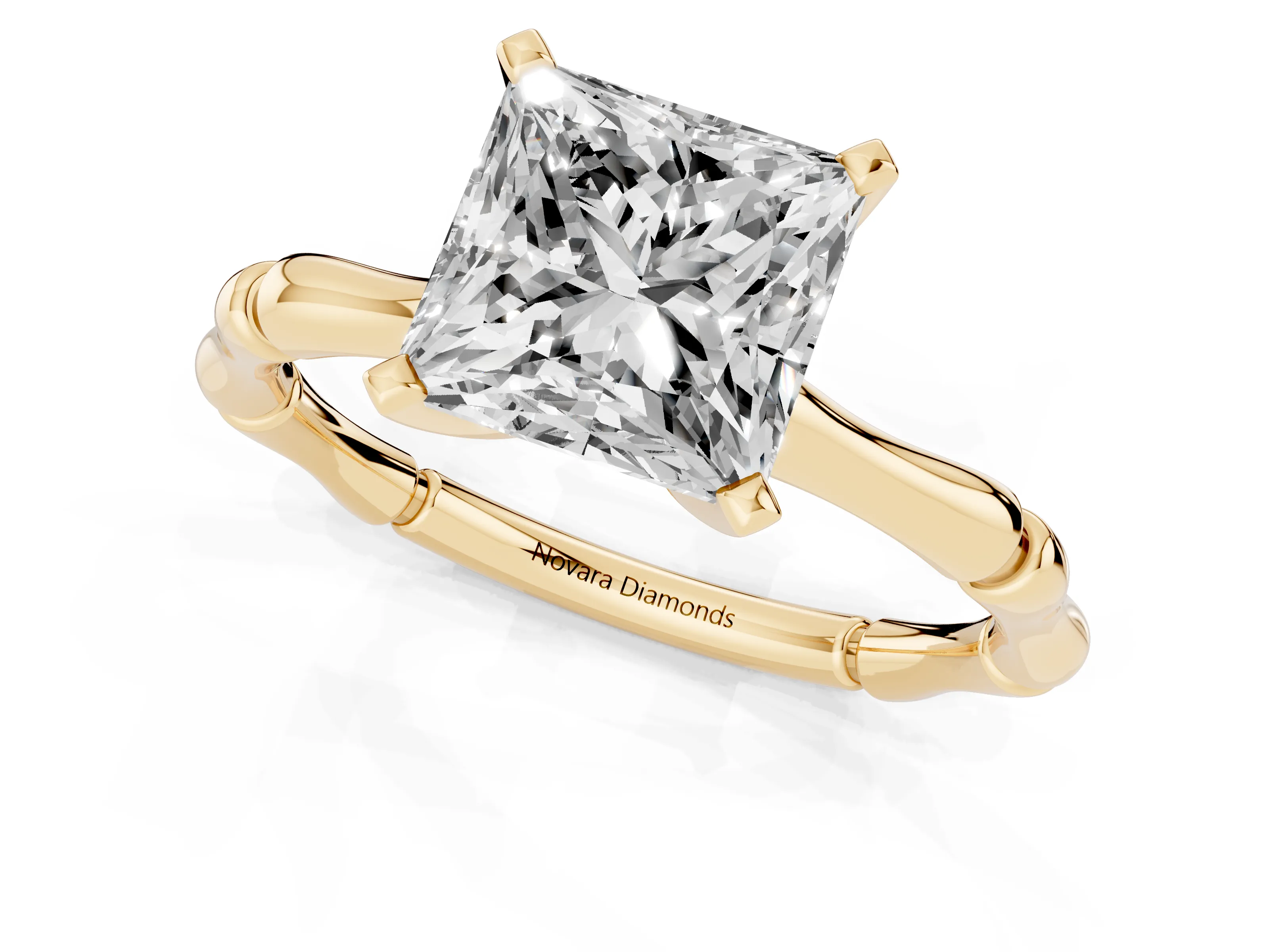 Princess Cut Diamond Solitaire Ring Set in Yellow gold with Bamboo Band and Prong Setting