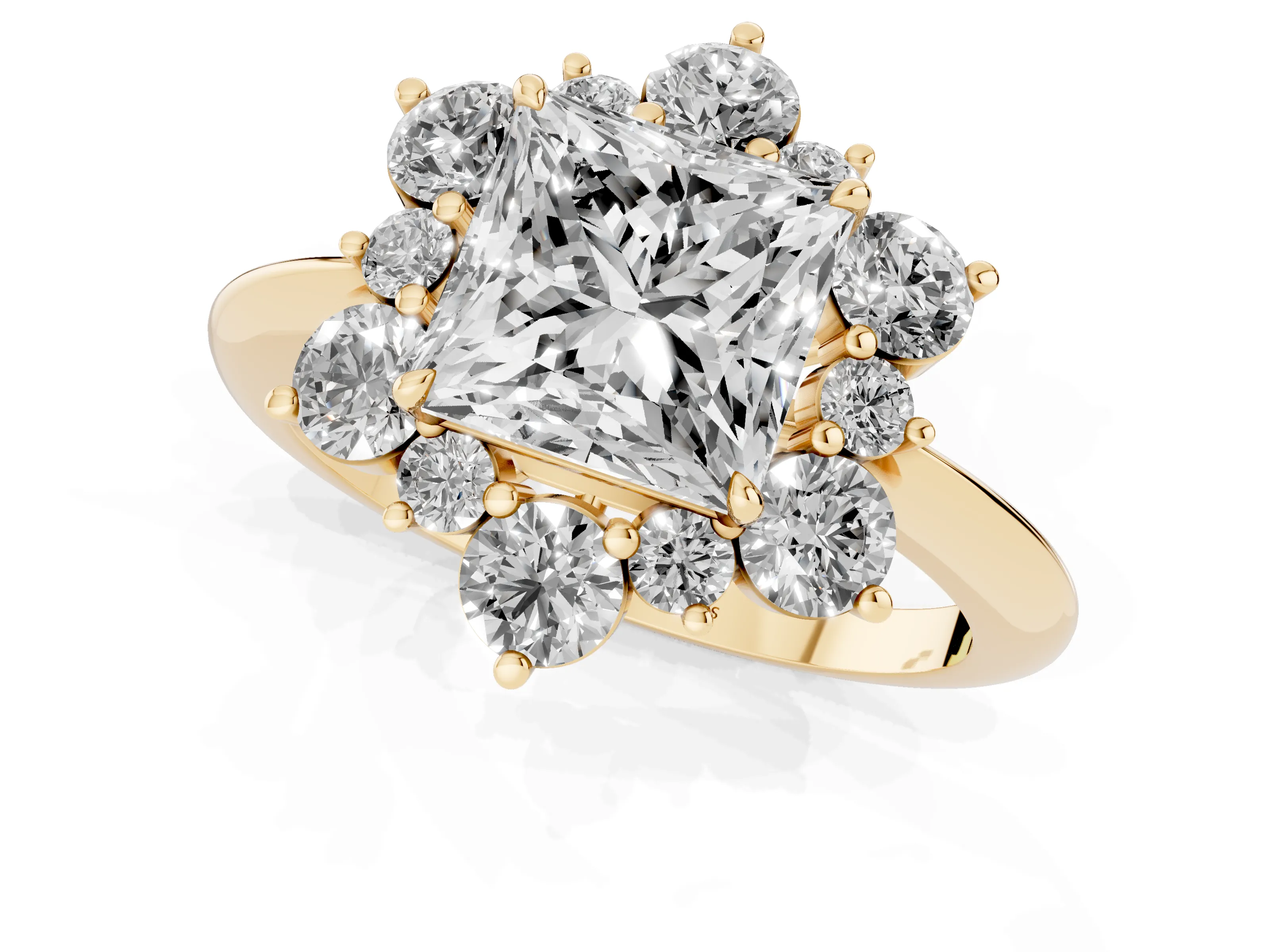 Princess Cut Diamond Cluster Halo Ring Set in Yellow gold with Solitaire Band and Prong Setting