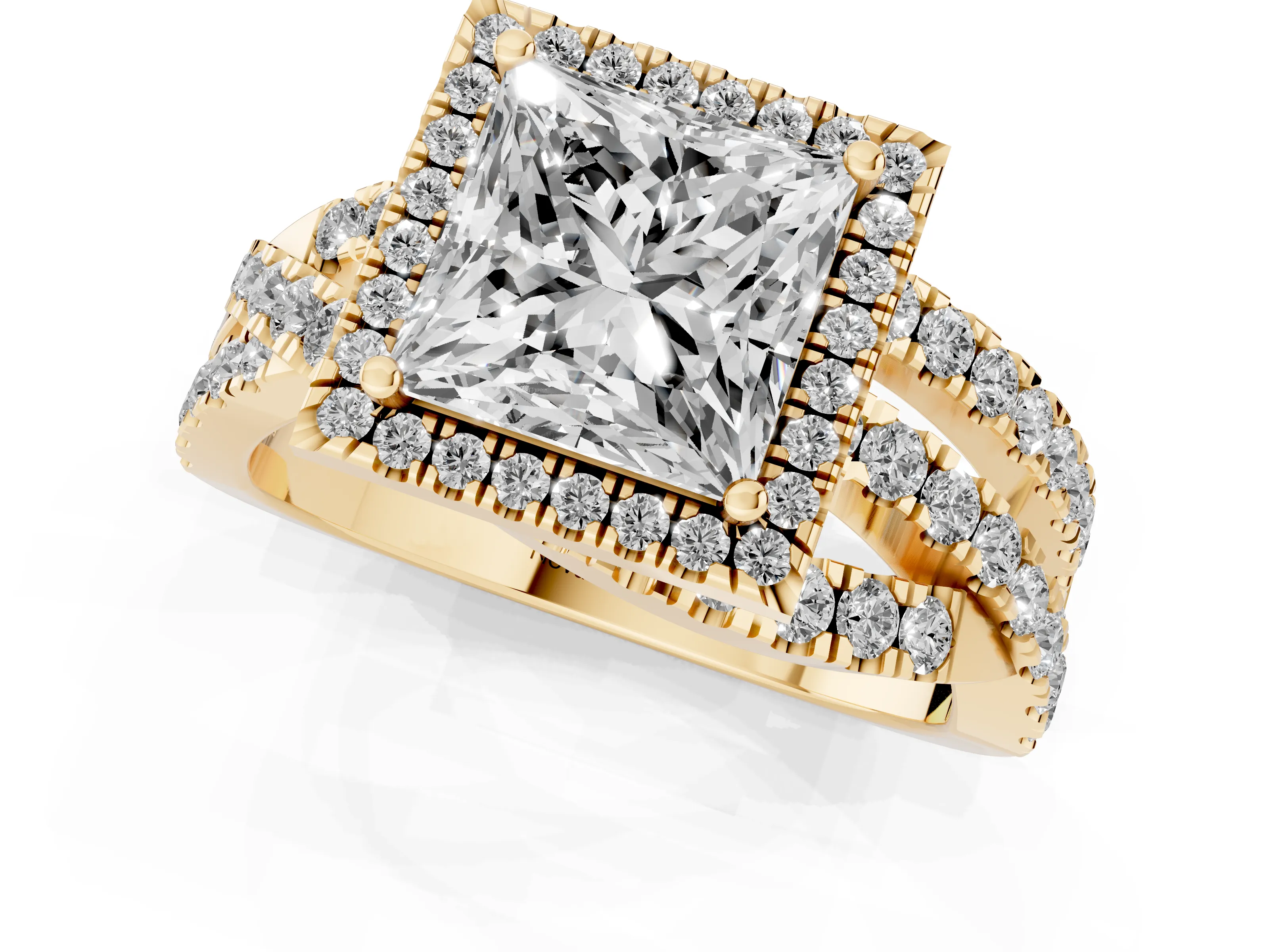 Princess Cut Diamond Halo Ring Set in Yellow gold with Round Crossover Split Shank and Prong Setting
