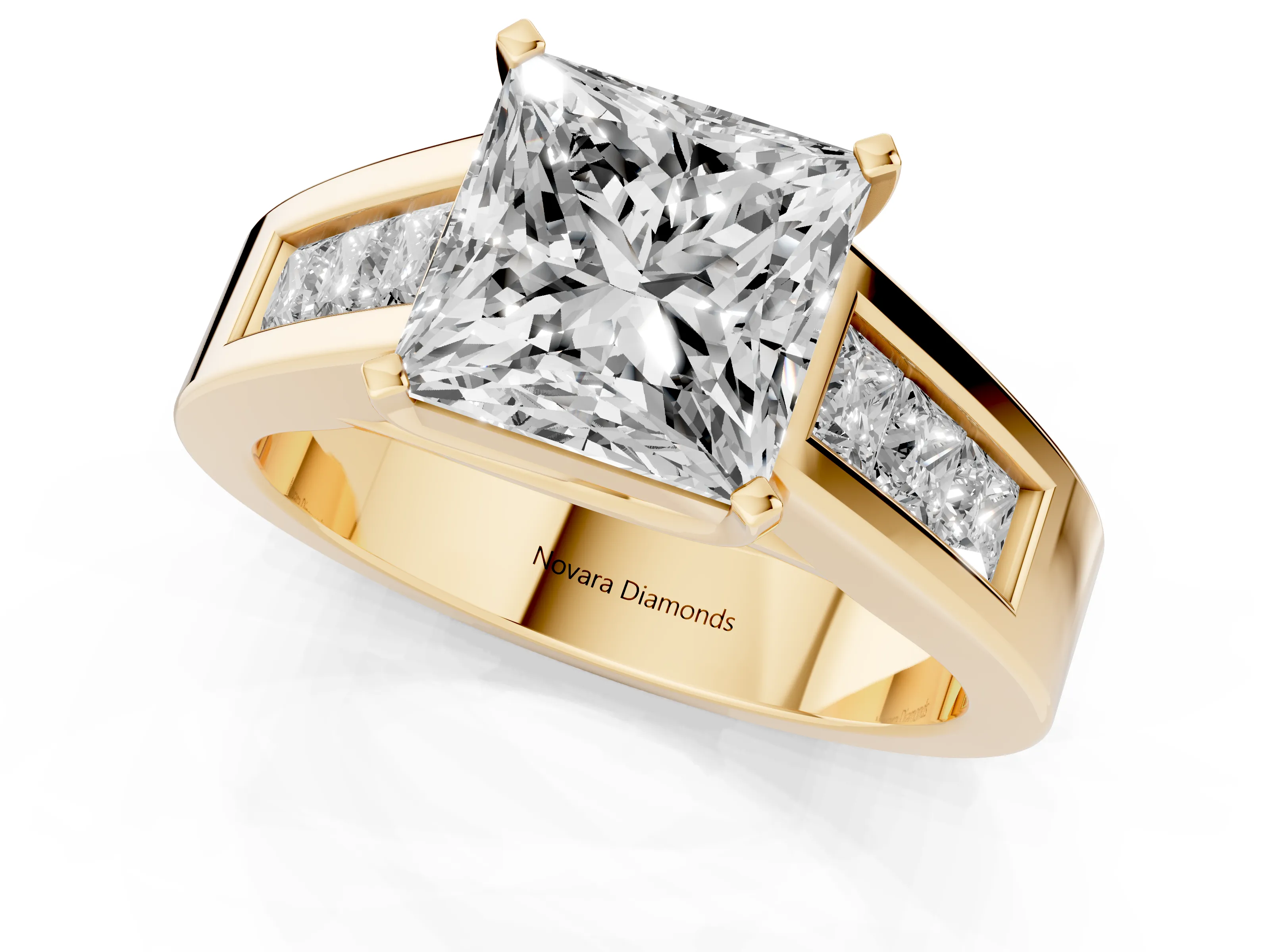 Princess Cut Diamond Solitaire Ring Set in Yellow gold with Channel-Set Accent Stones and Prong Setting