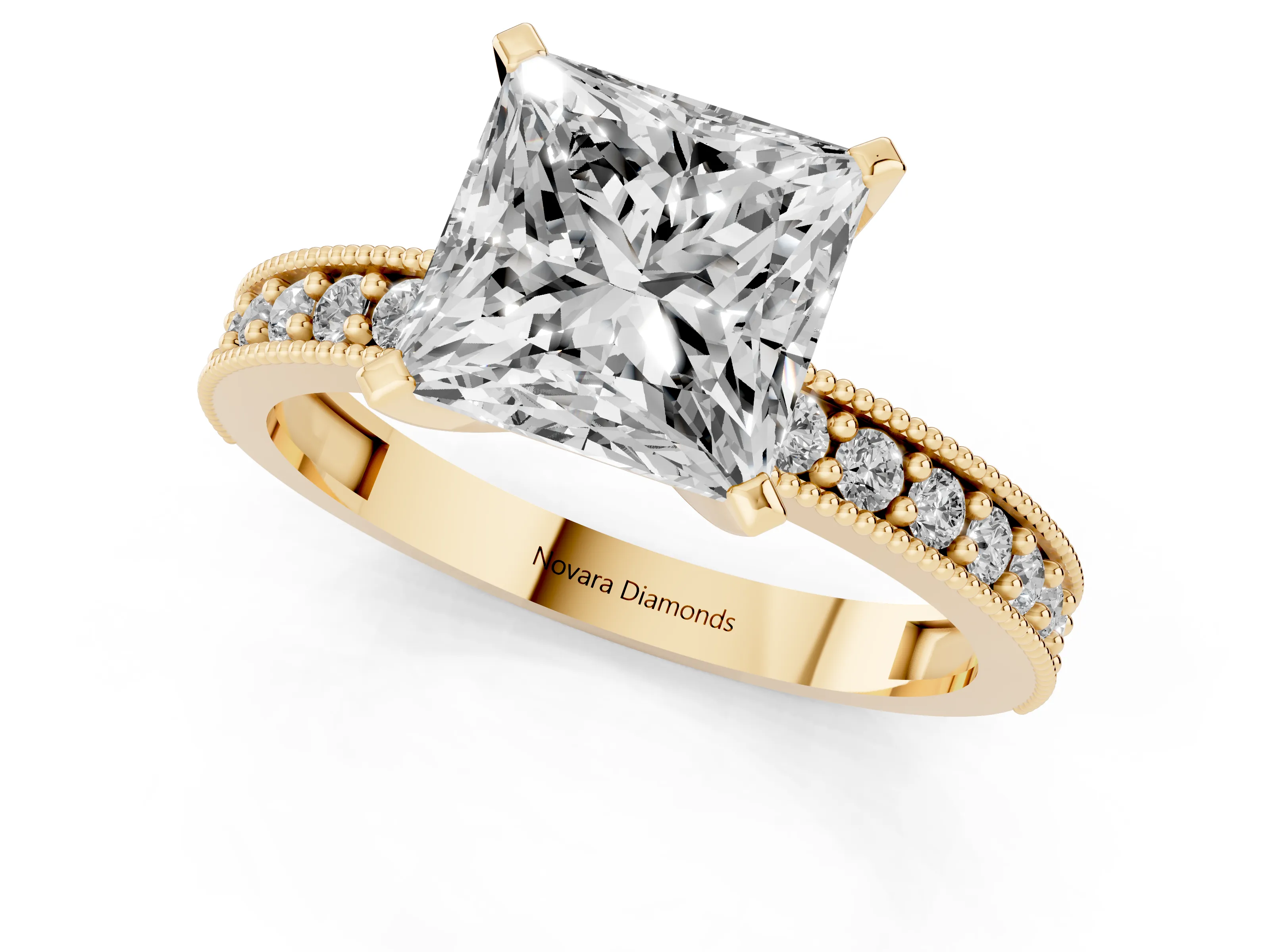 Princess Cut Diamond Milgrain Pavé Engagement Ring Set in Yellow gold with Prong Setting