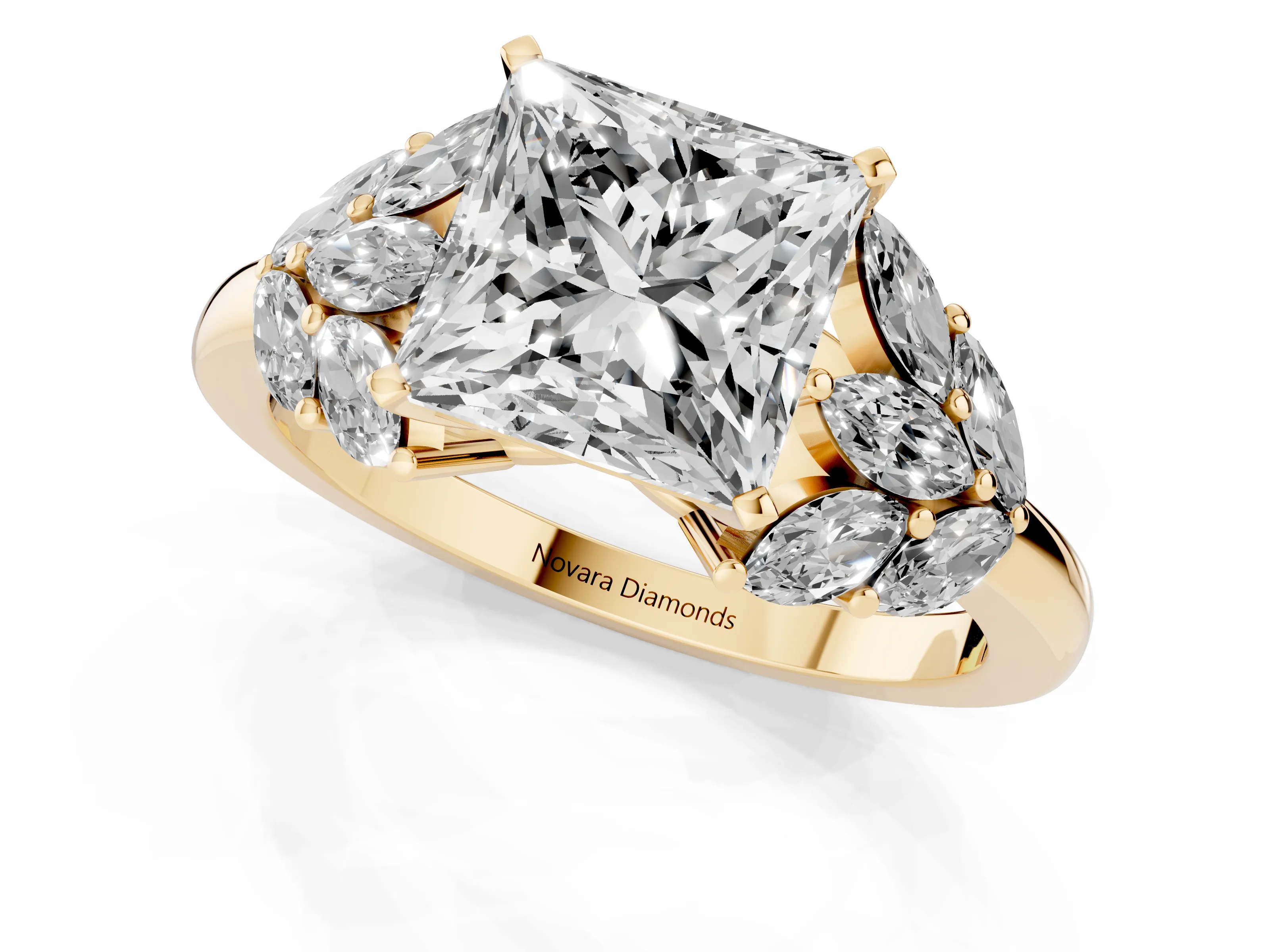 Princess Cut Diamond Cluster Leaf Design Ring Set in Yellow gold with Prong Setting