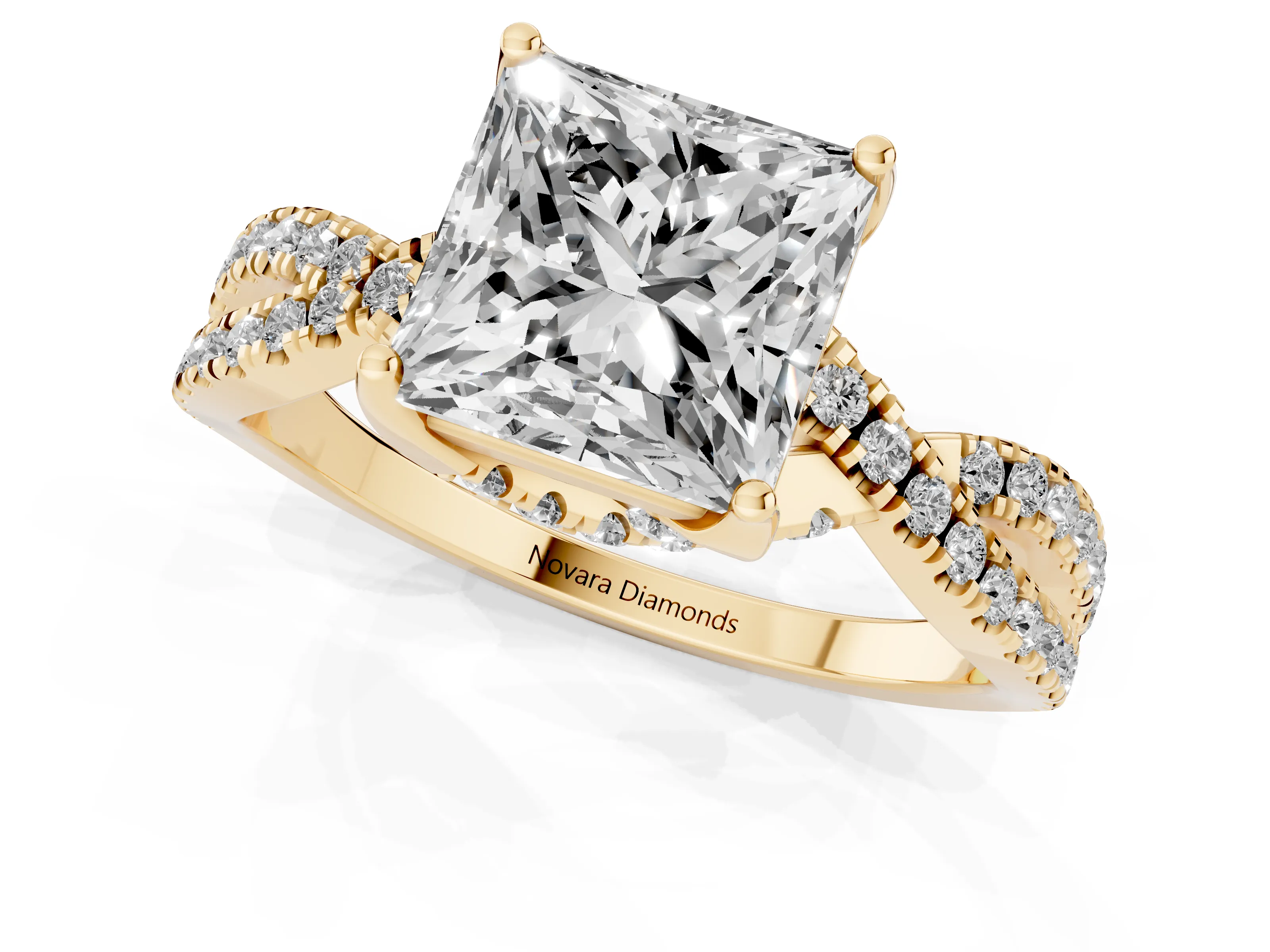 Princess Cut Diamond Twist Pavé Solitaire Engagement Ring Set in Yellow gold with Prong Setting