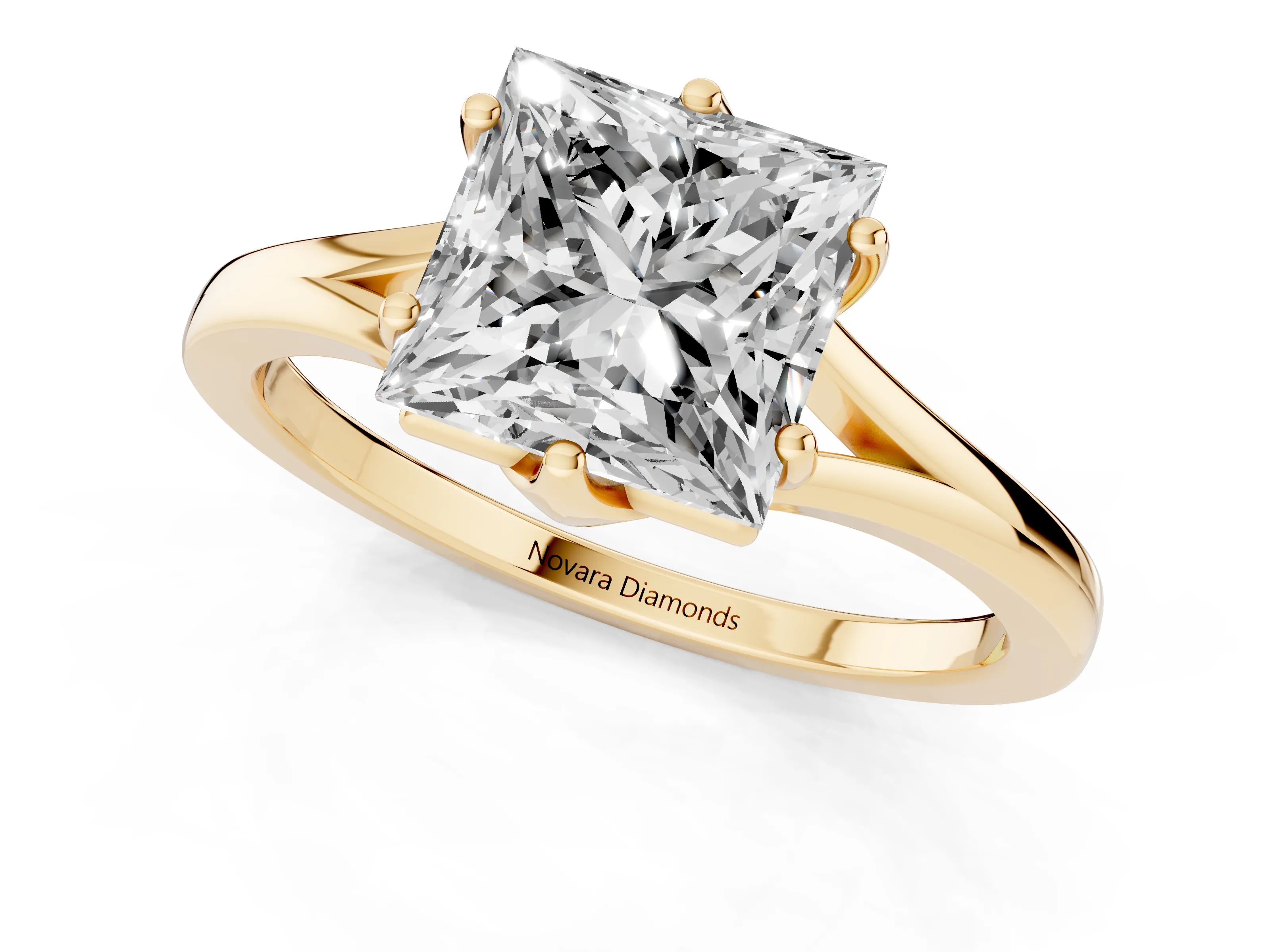 Princess Cut Diamond Solitaire Ring Set in Yellow gold with Polished Tapered Band and Prong Setting