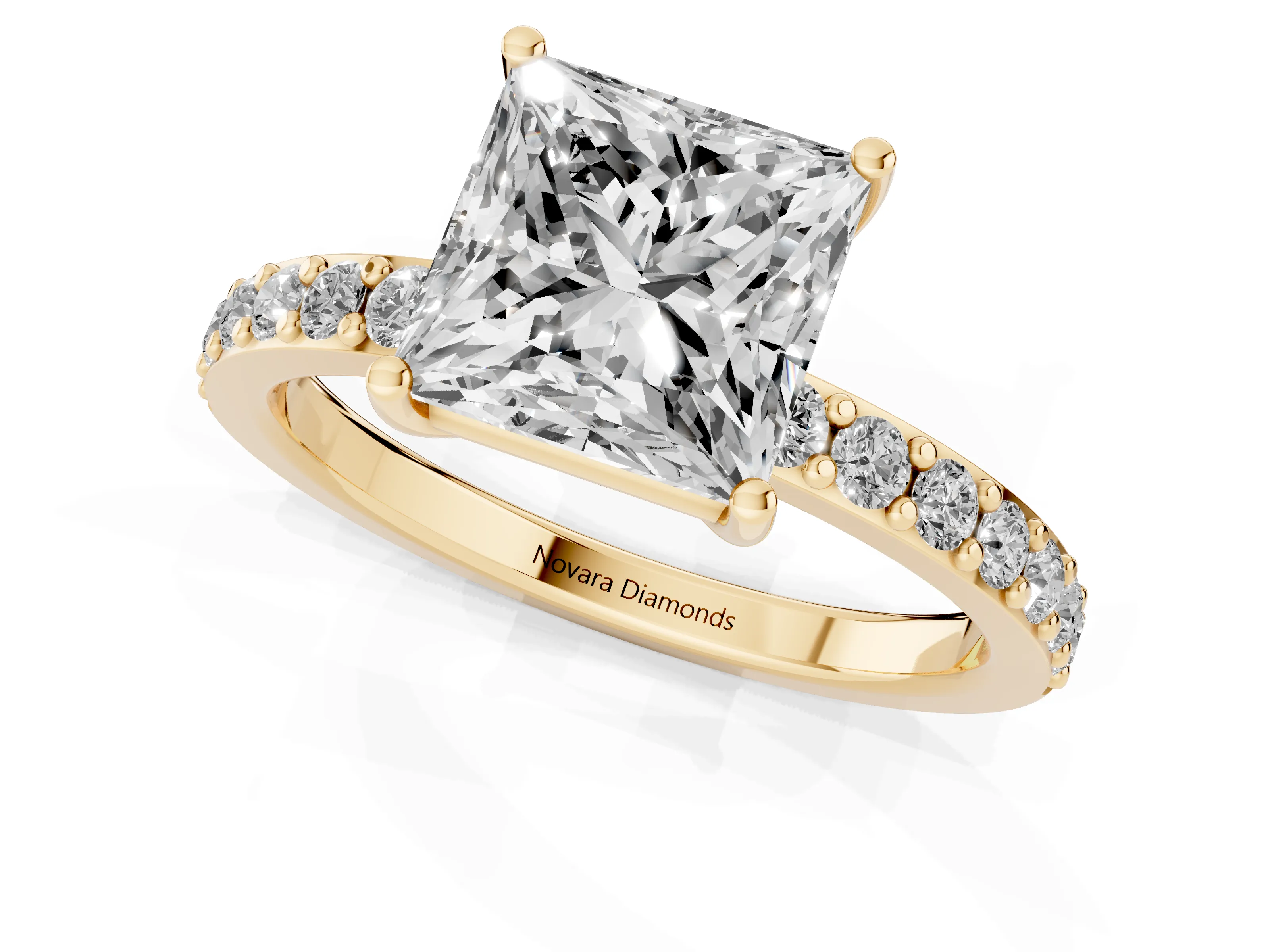Princess Cut Diamond Solitaire Set in Yellow gold with Round Pavé Band and Prong Setting