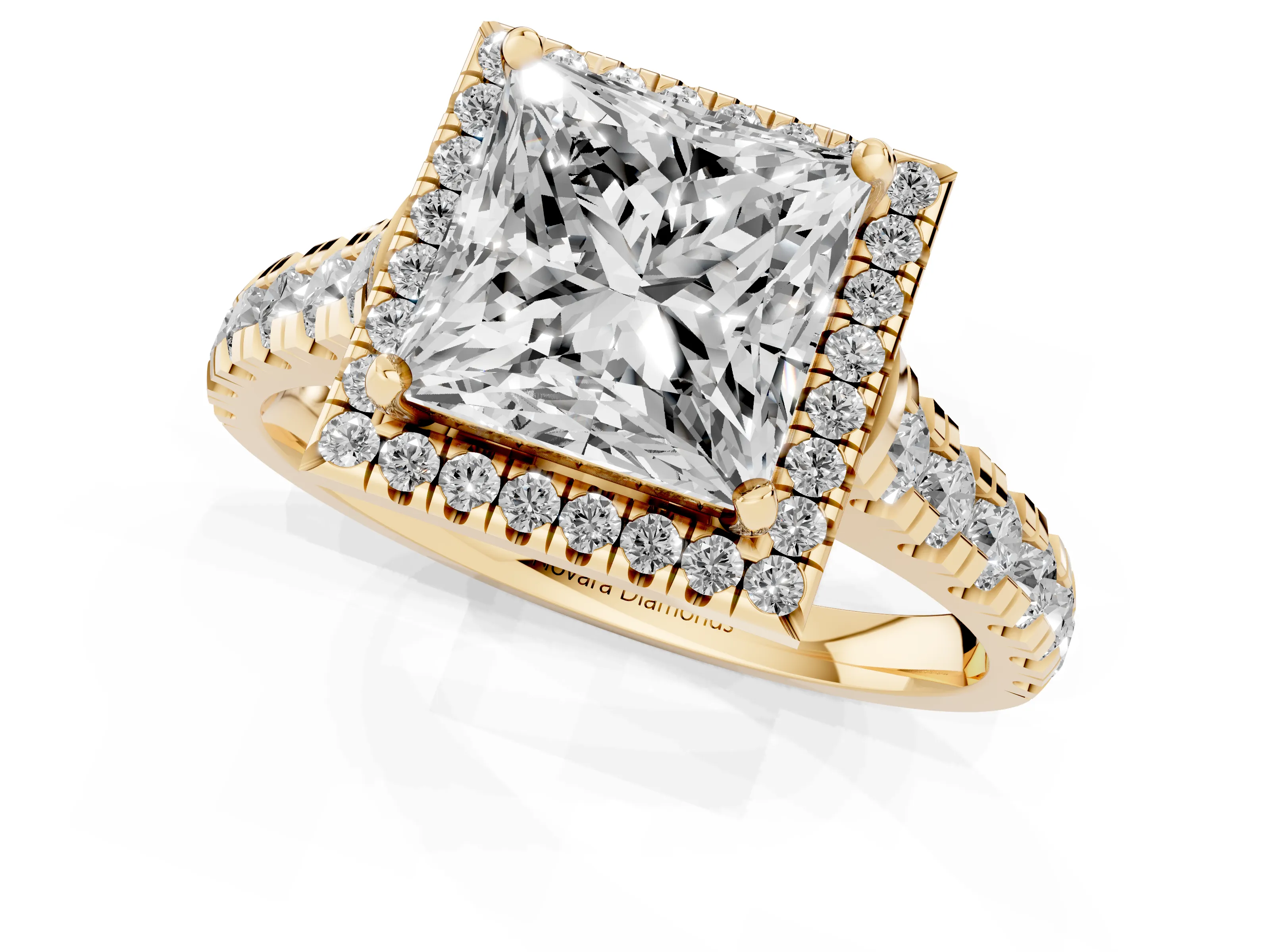 Princess Cut Diamond Halo Engagement Ring Set in Yellow gold with Pavé Band and Prong-Set Center