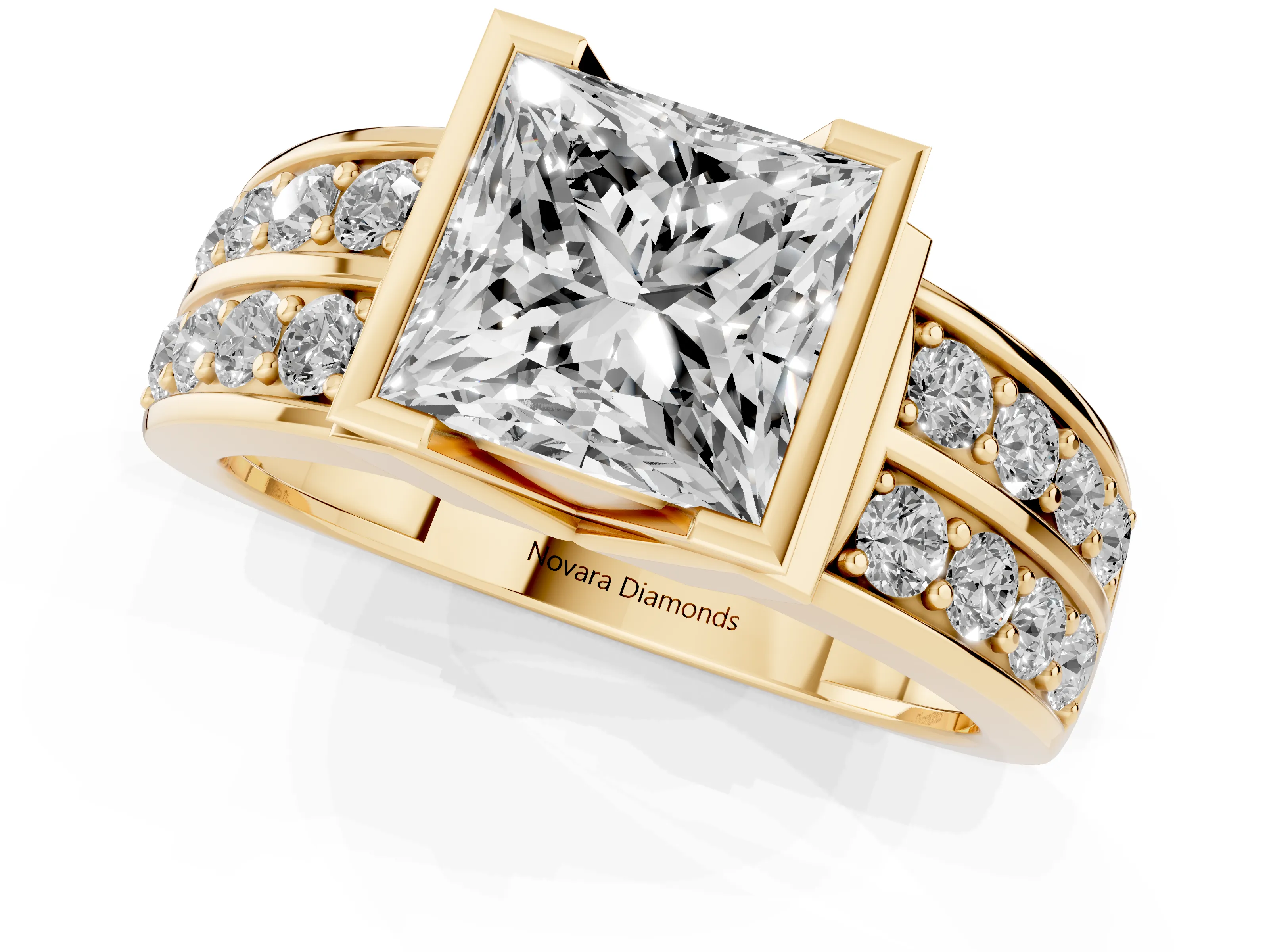 Princess Cut Diamond Wide Channel Set Band Ring Set in Yellow gold with Bezel Setting