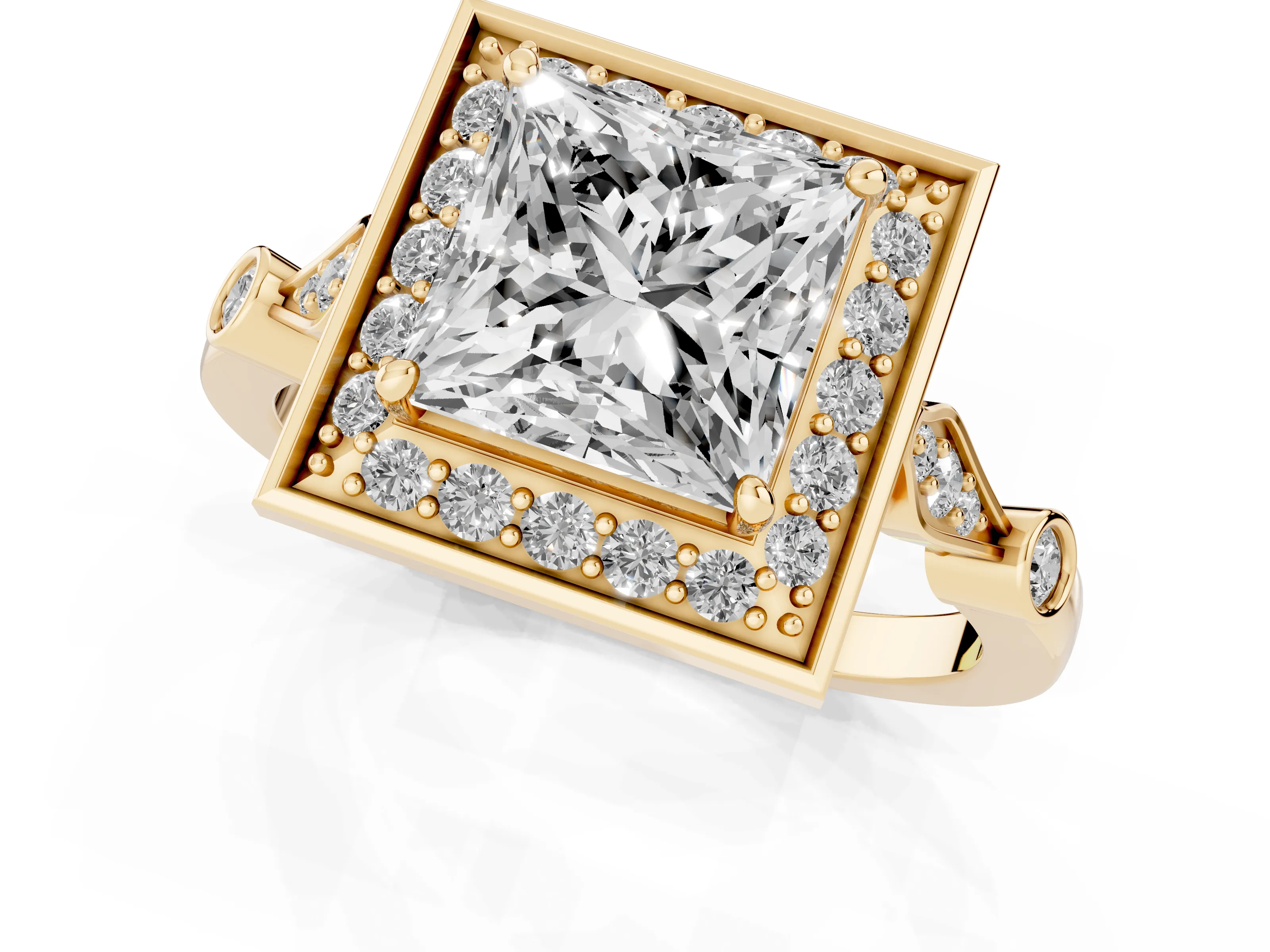 Princess Cut Diamond Halo Engagement Ring Set in Yellow gold with Twisted Band and Prong Setting
