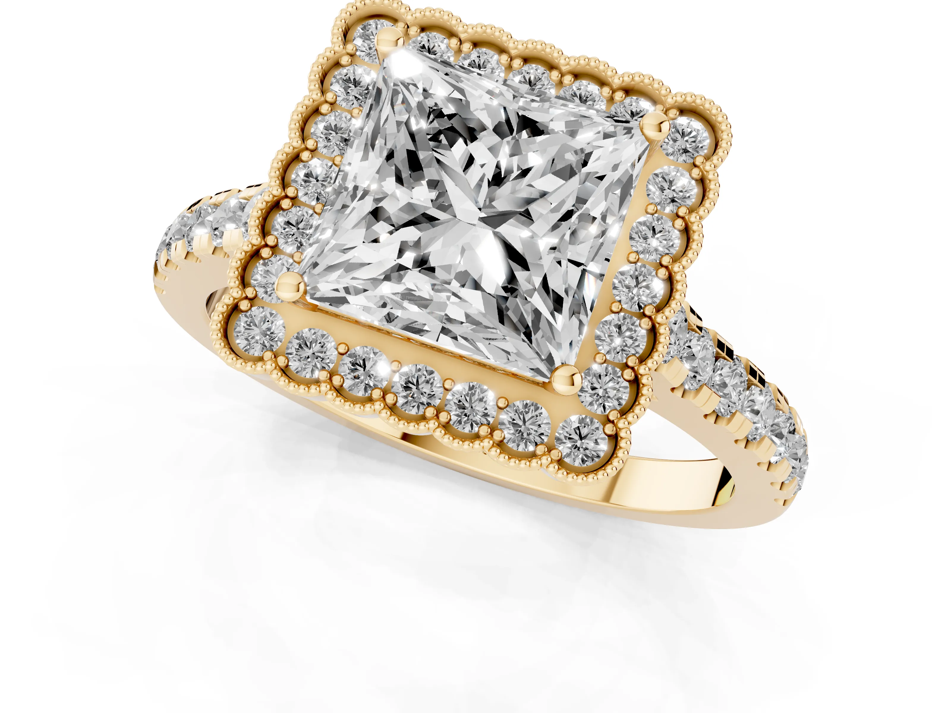 Princess Cut Diamond Milgrain Floral Halo Engagement Ring Set in Yellow gold with Pavé Band