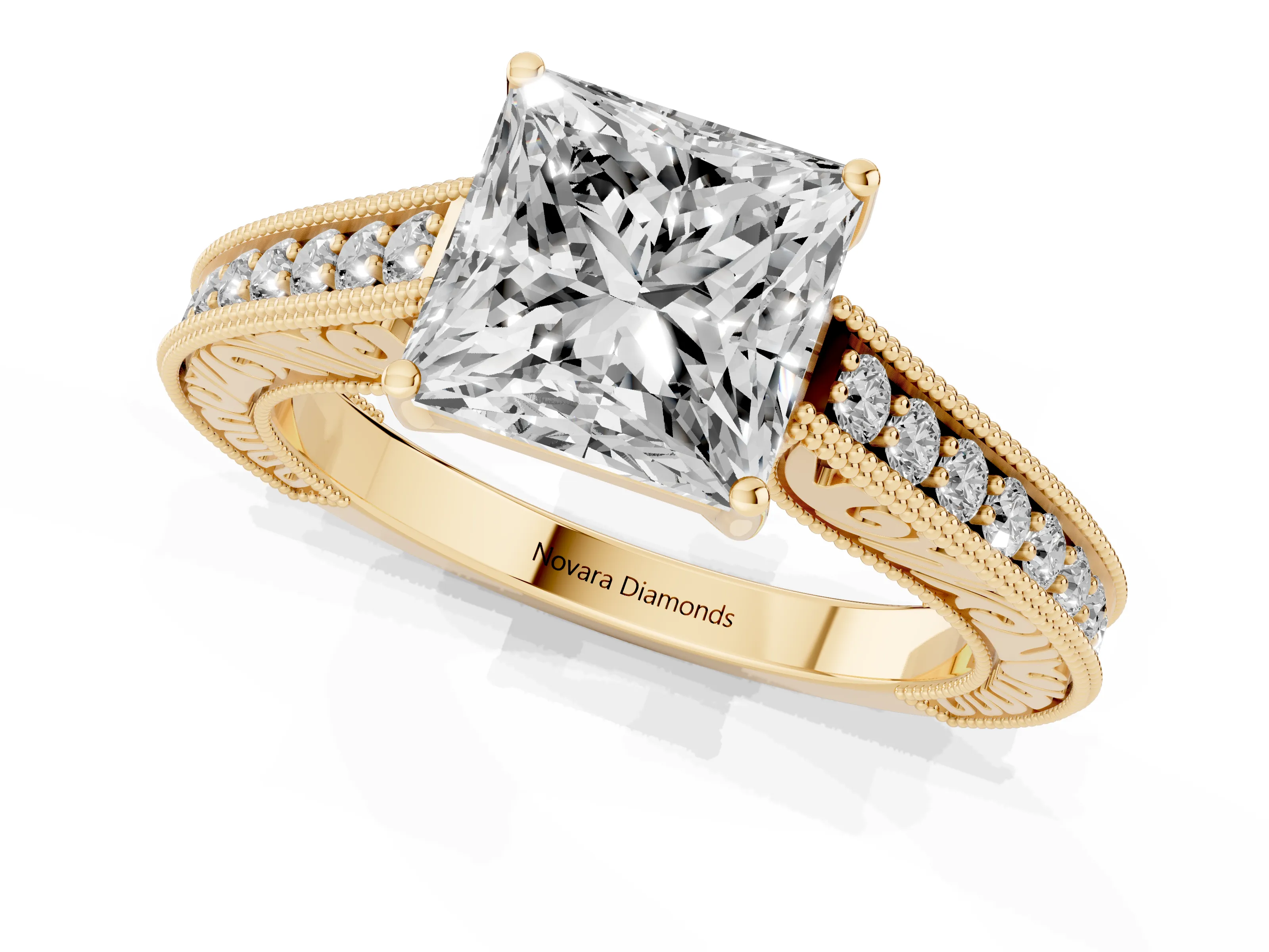 Princess Cut Diamond Milgrain Pavé Band Solitaire Ring Set in Yellow gold with Prong Setting