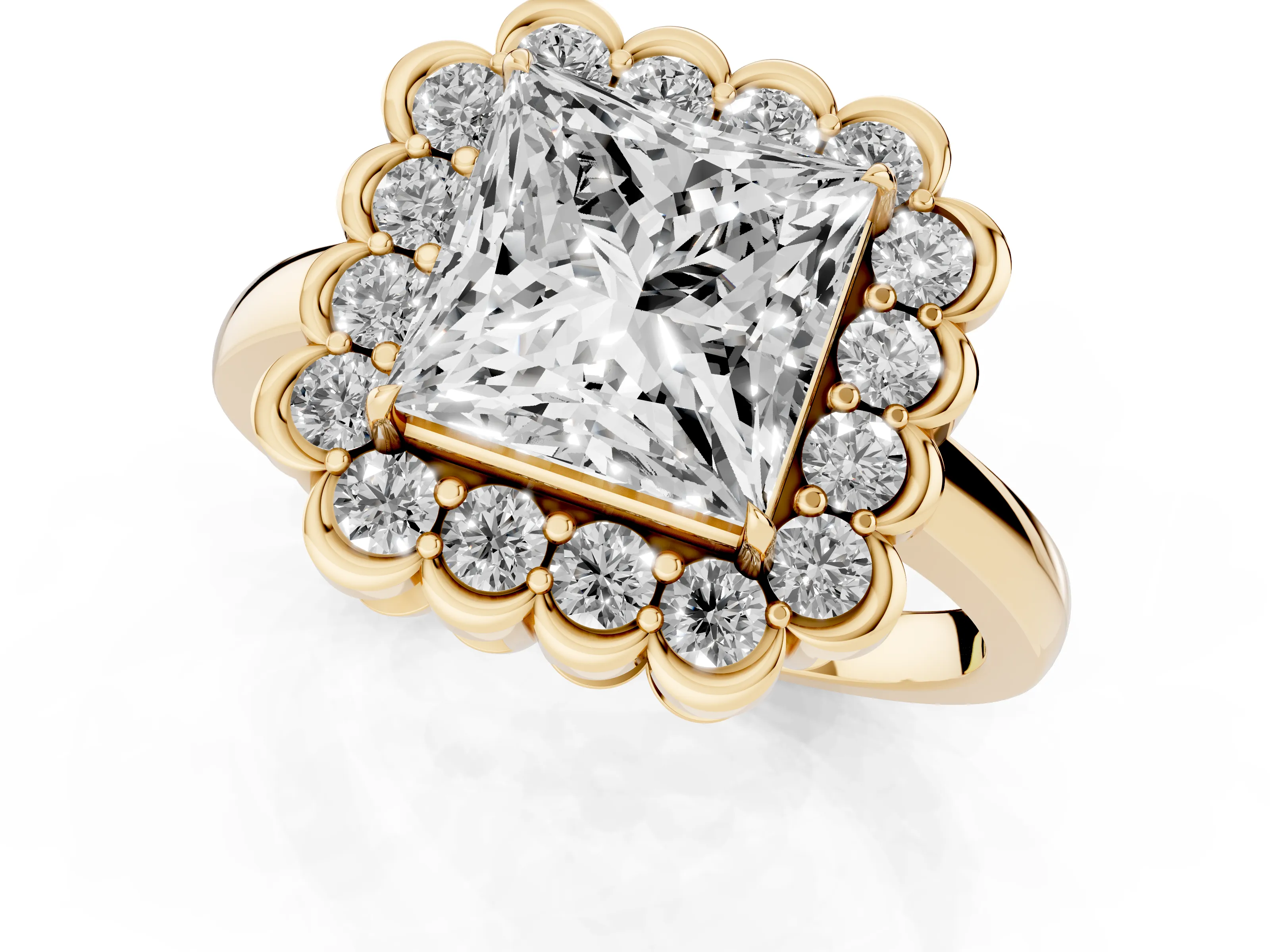 Princess Cut Diamond Halo Cluster Engagement Ring Set in Yellow gold with Solitaire Band and Prong Setting