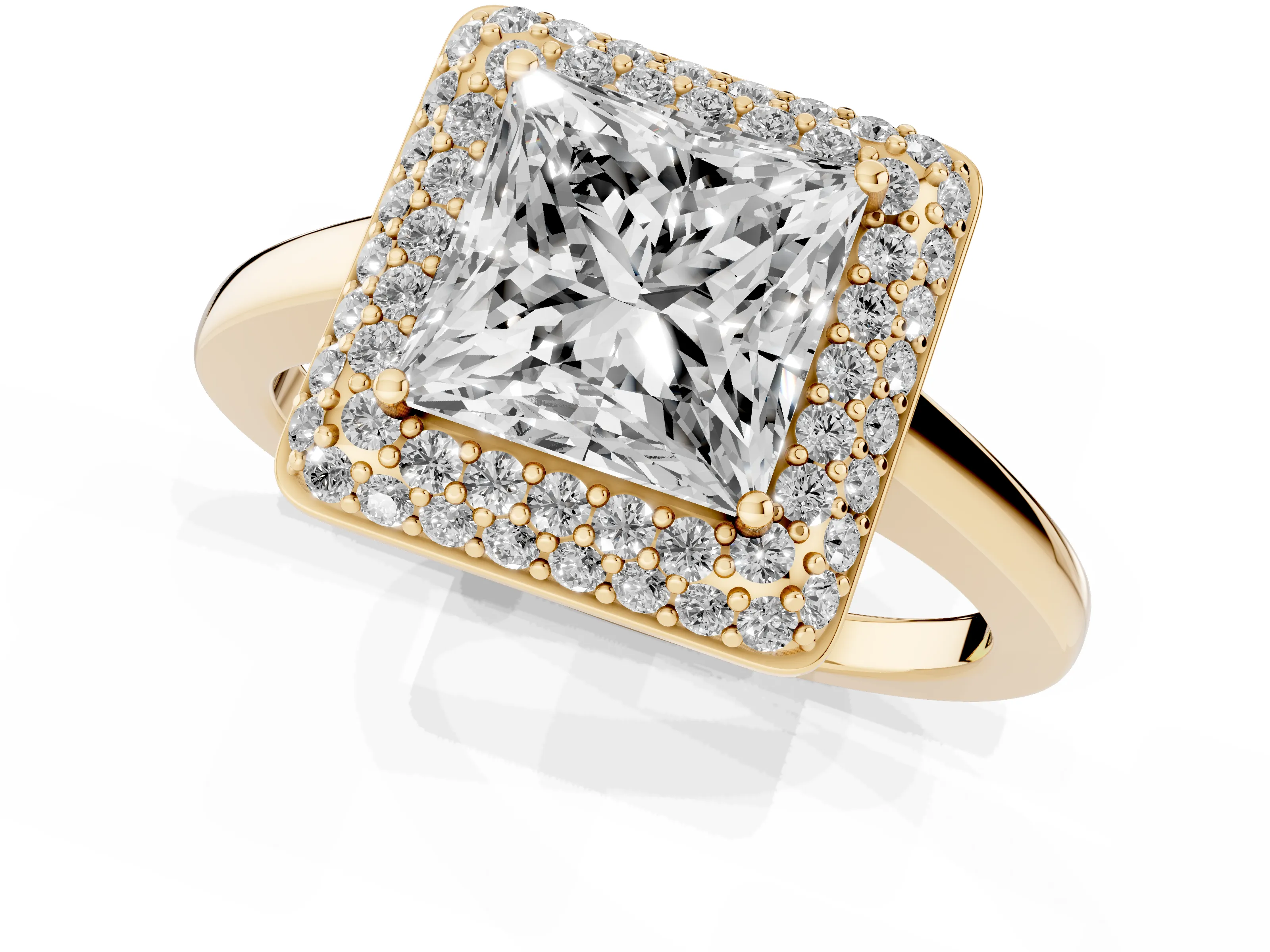 Princess Cut Diamond Halo Engagement Ring Set in Yellow gold with Solitaire Band and Prong Setting