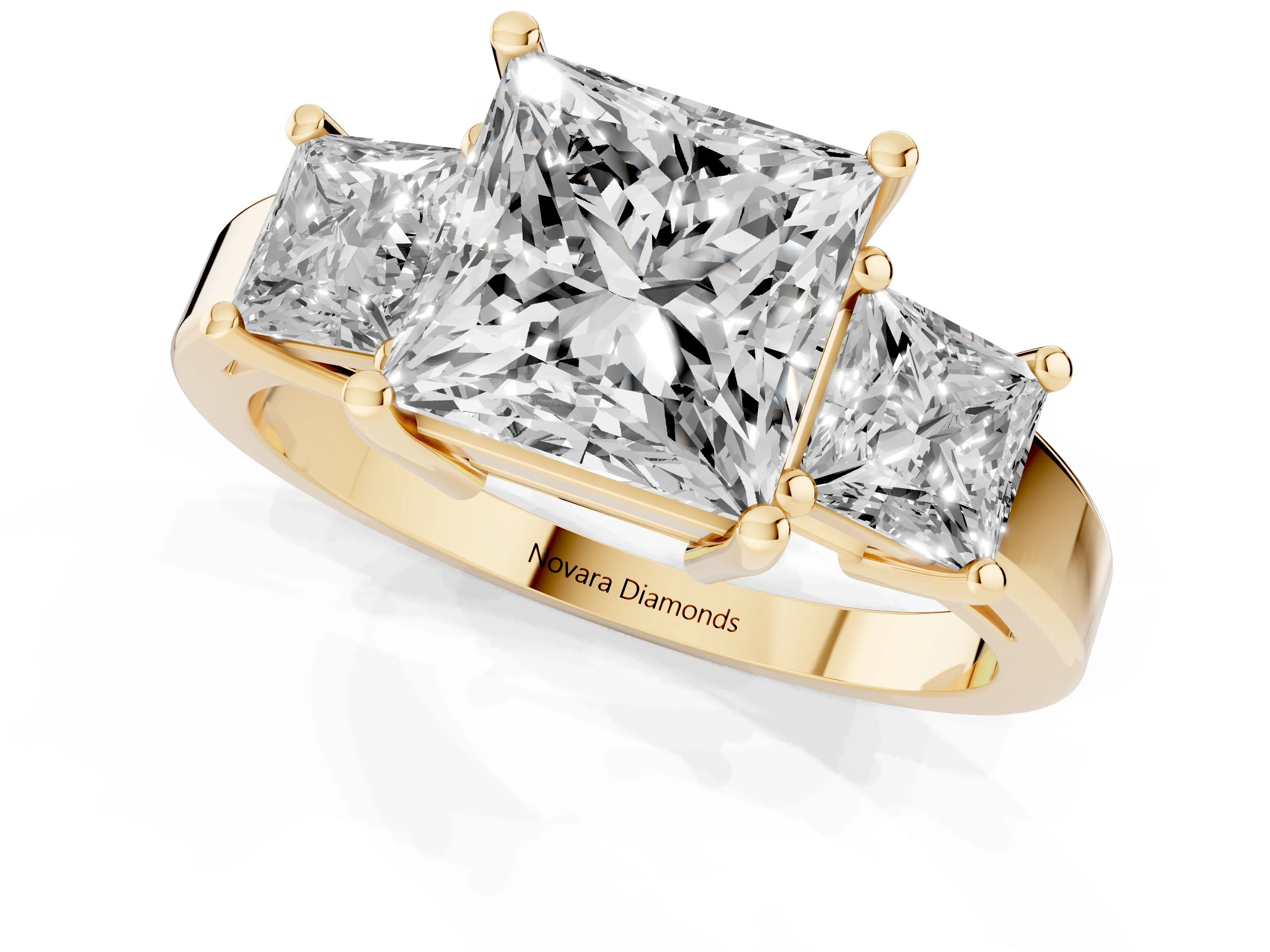 Three-Stone Princess Cut Diamond Solitaire Ring Set in Yellow gold with Prong Setting
