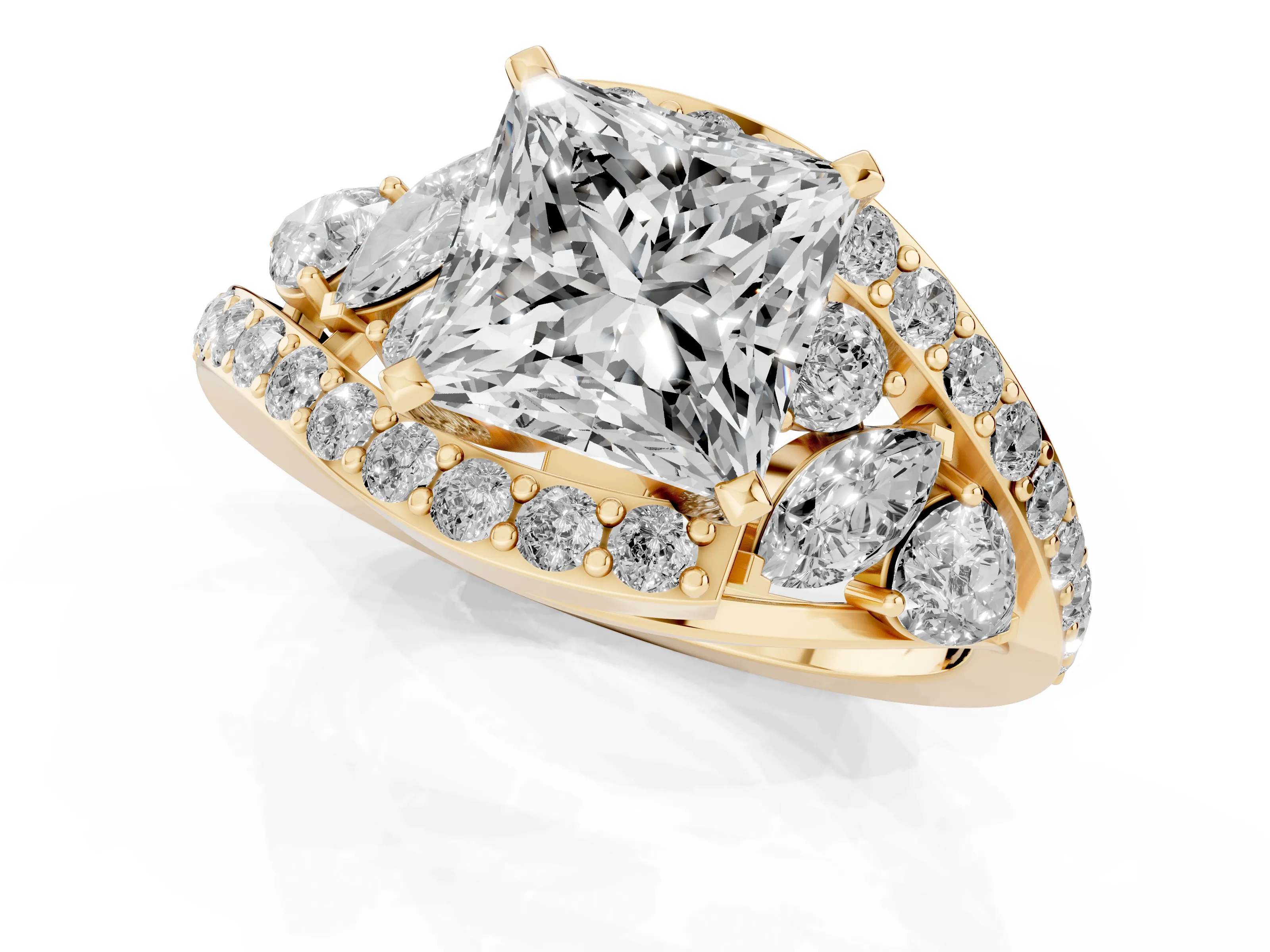 Princess Cut Diamond Halo Ring Set in Yellow gold with Marquise and Pavé Band in Prong Setting