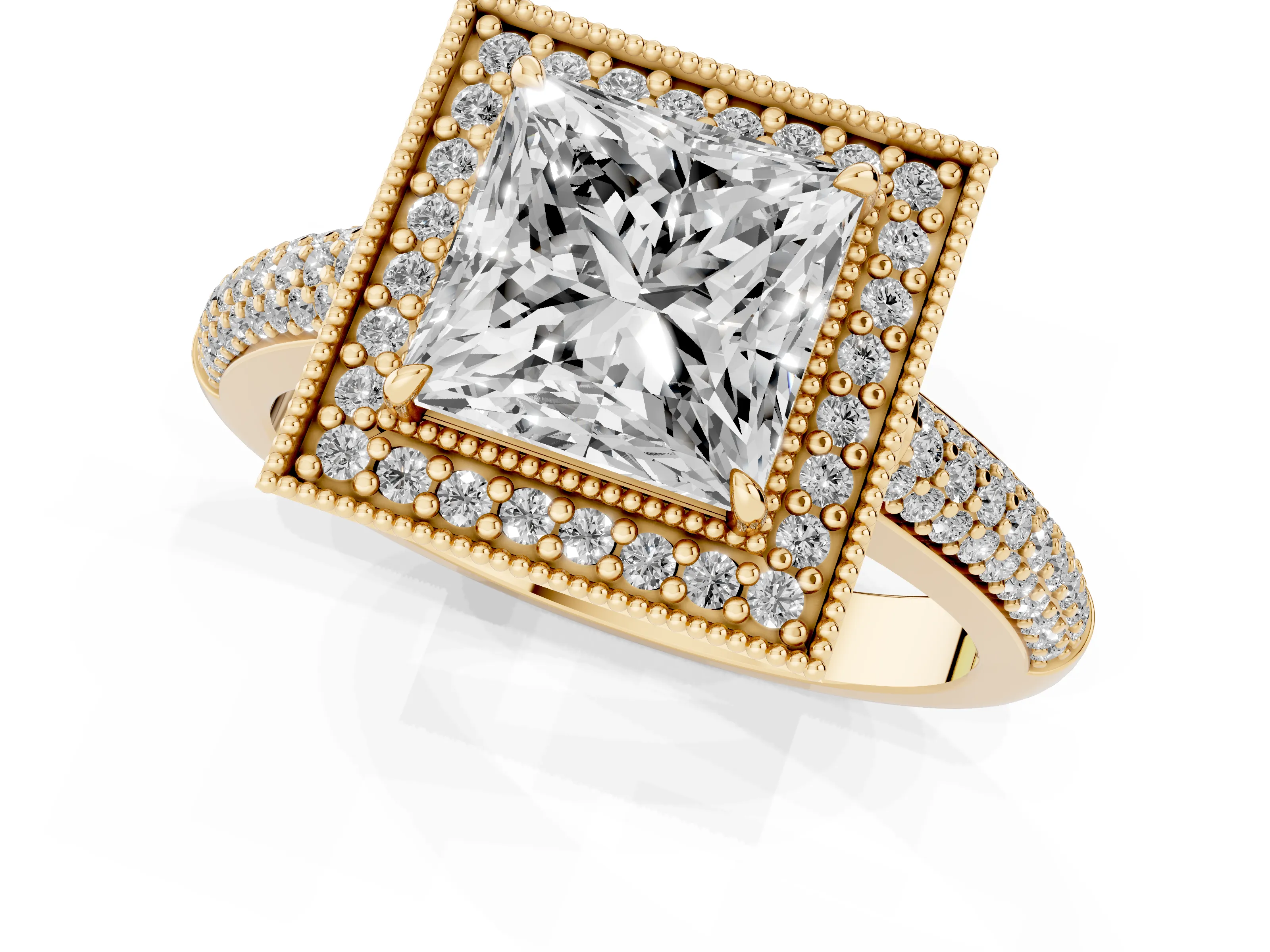 Princess Cut Diamond Halo Pavé Band Set in Yellow gold with Prong Setting