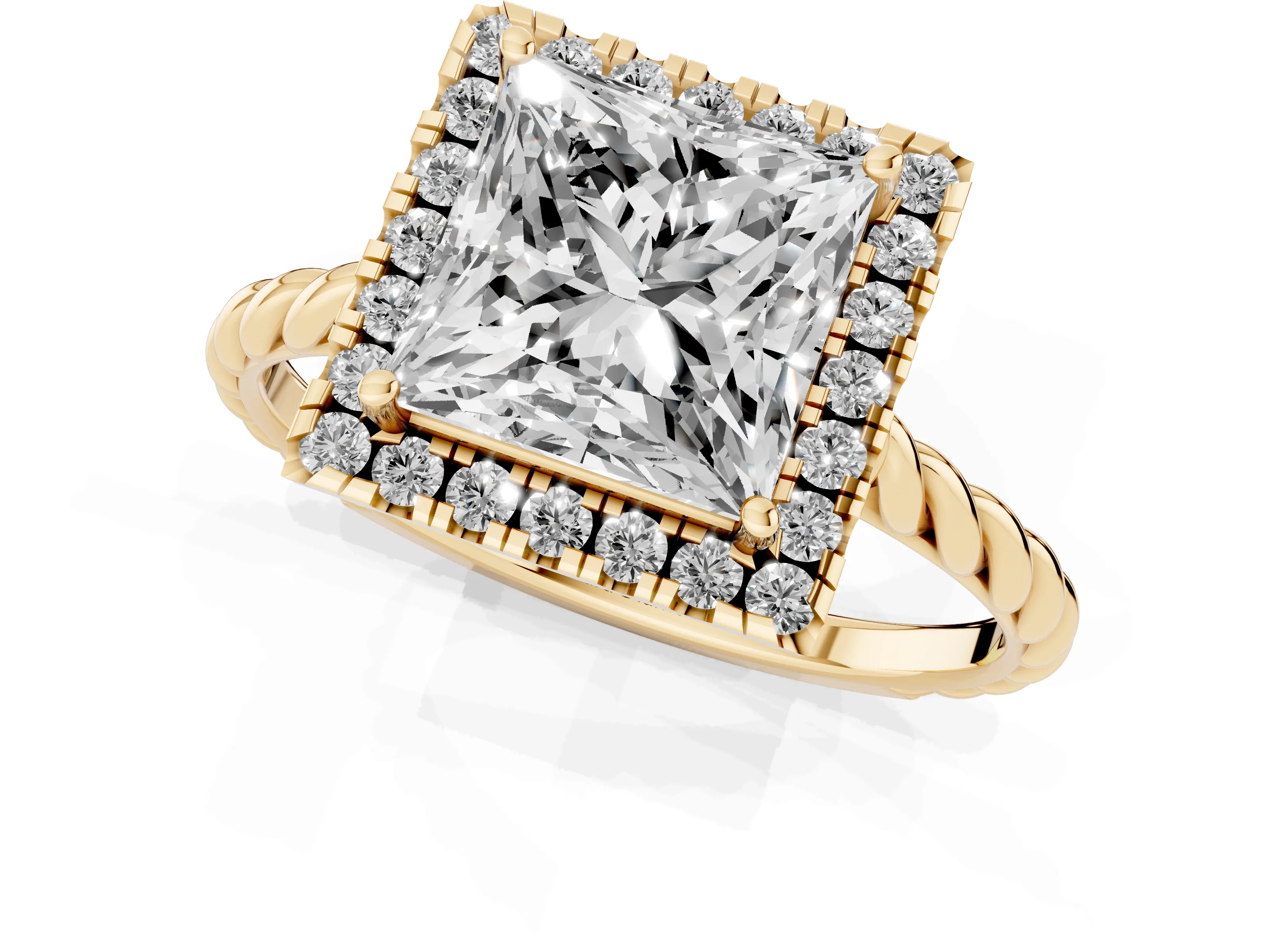 Princess Cut Diamond Halo Ring Set in Yellow gold with Plain Twisted Band