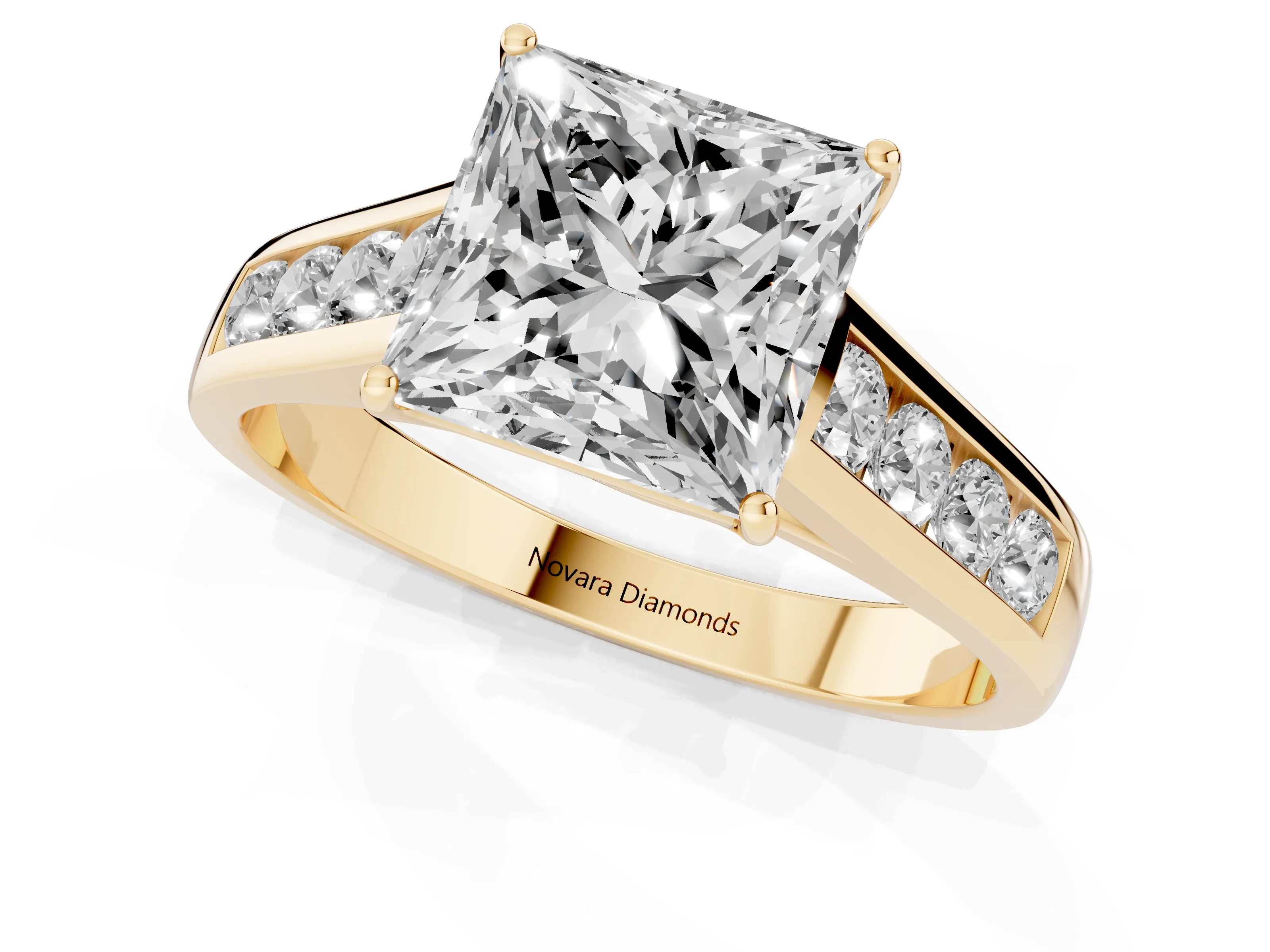 Princess Cut Diamond Solitaire Channel-Set Engagement Ring Set in Yellow gold with Prong Setting