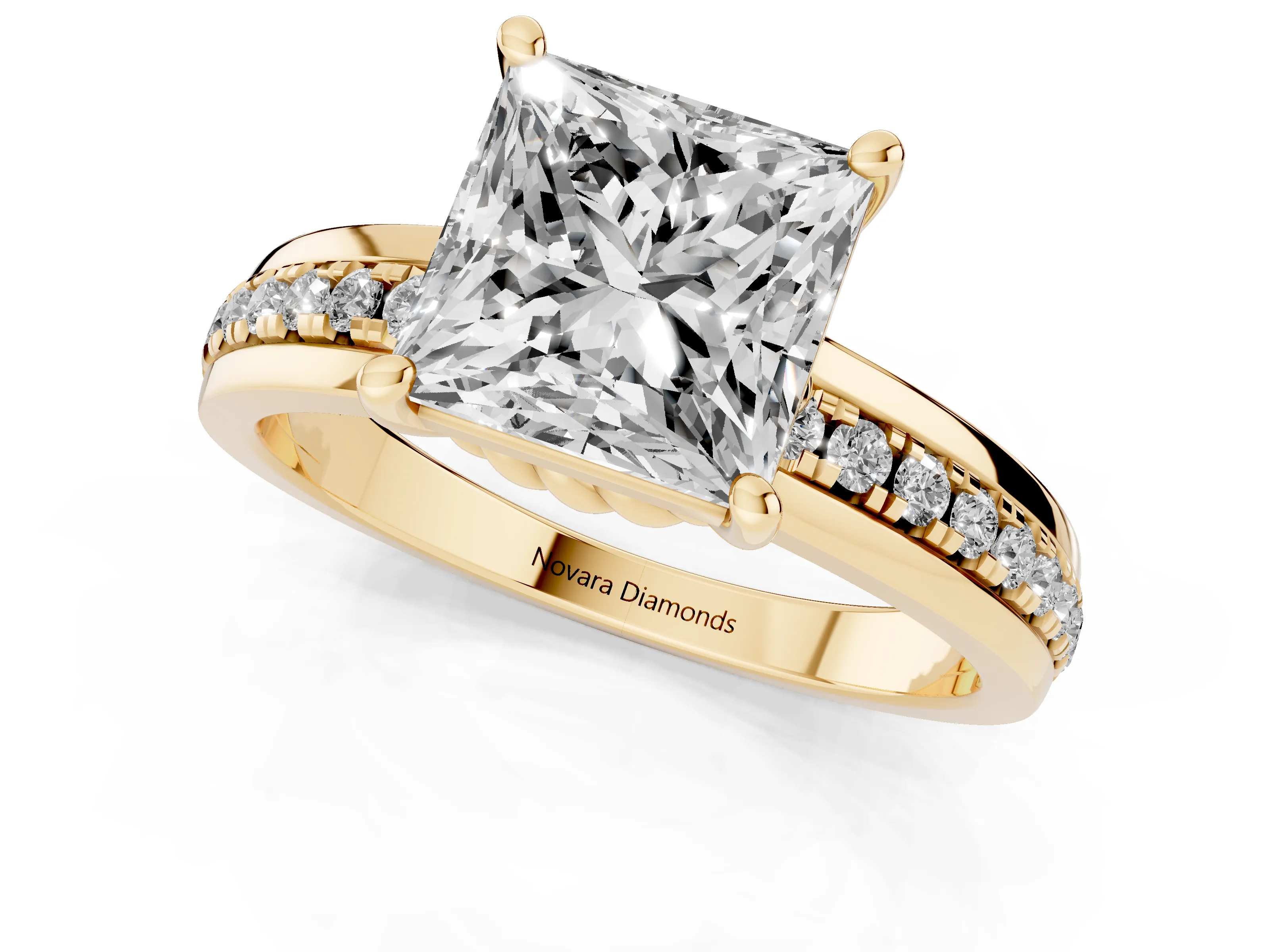 Princess Cut Diamond Solitaire Ring Set in Yellow gold with Channel Set Band and Prong Setting