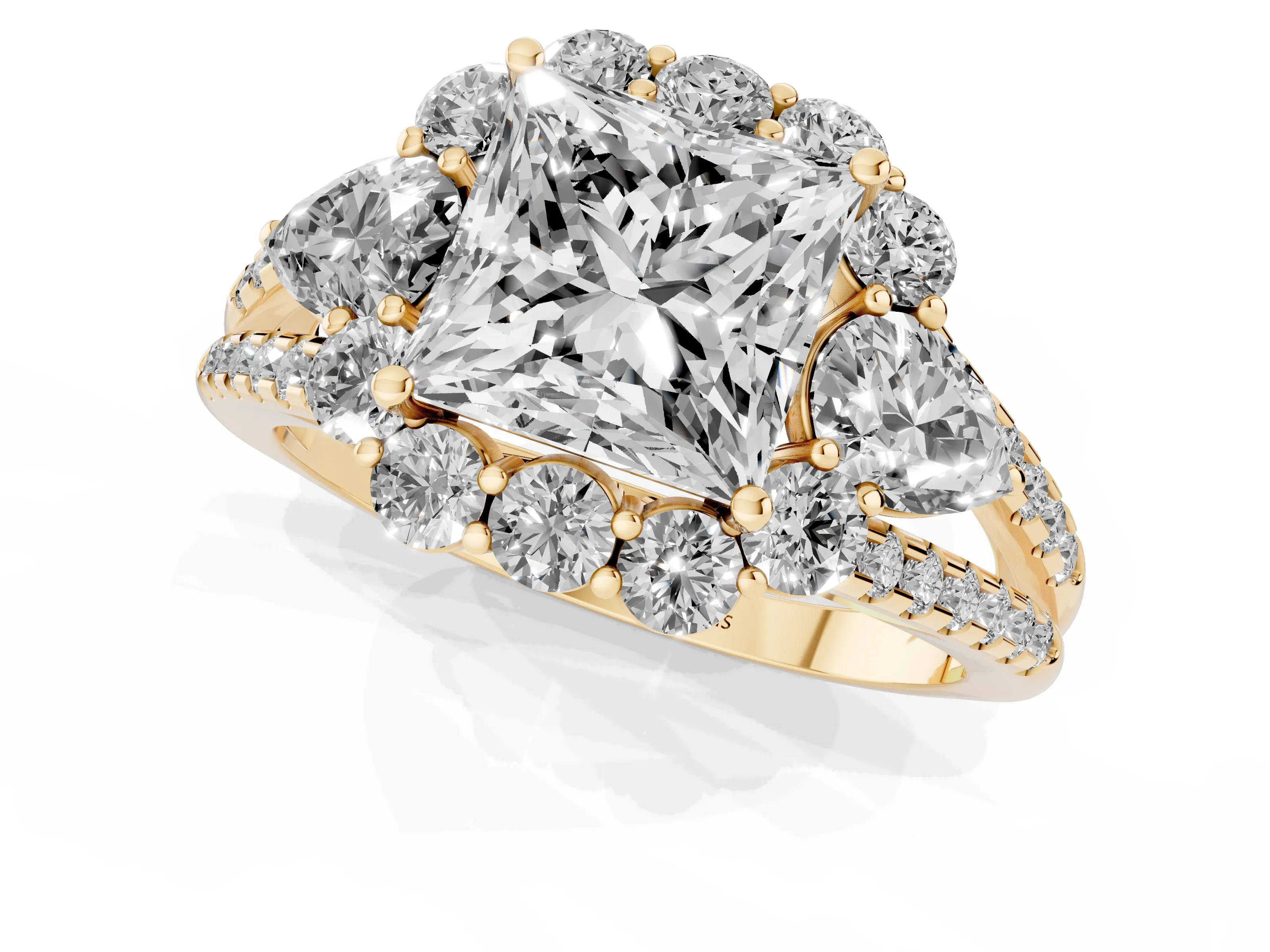 Princess Cut Diamond Halo Split Shank Engagement Ring Set in Yellow gold with Prong-Held Center Stone