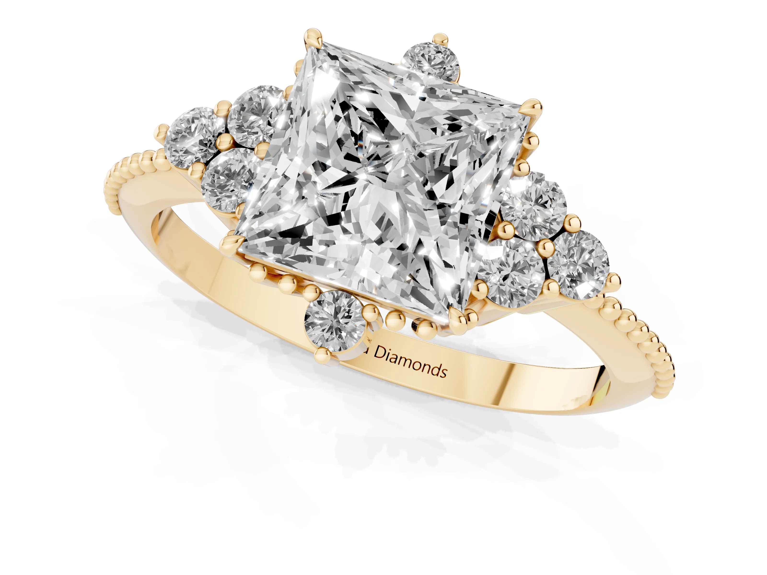 Princess Cut Diamond Cluster Ring Set in Yellow gold with Beaded Band