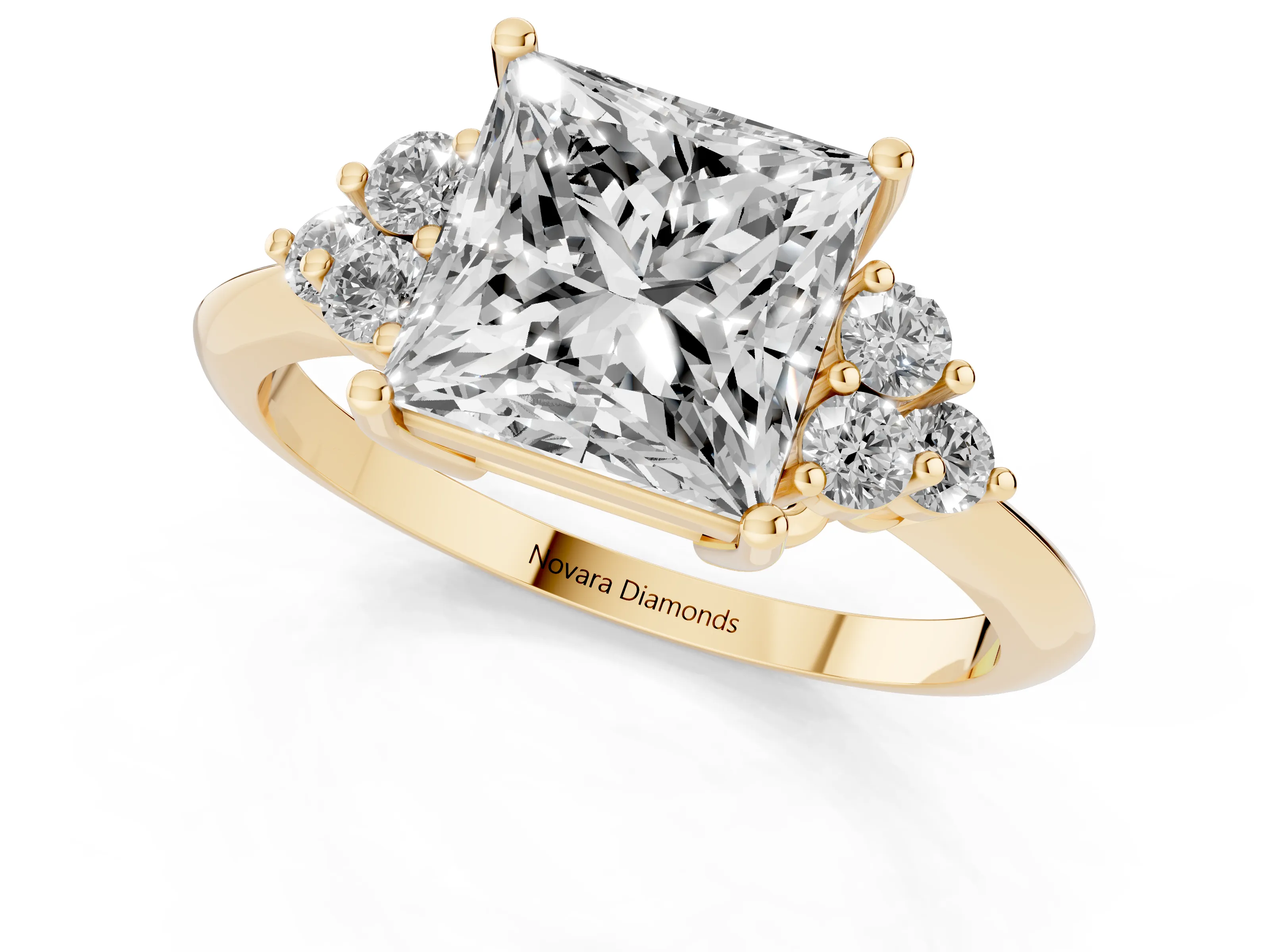 Princess Cut Diamond Cluster Ring Set in Yellow gold with Plain Band and Prong Setting