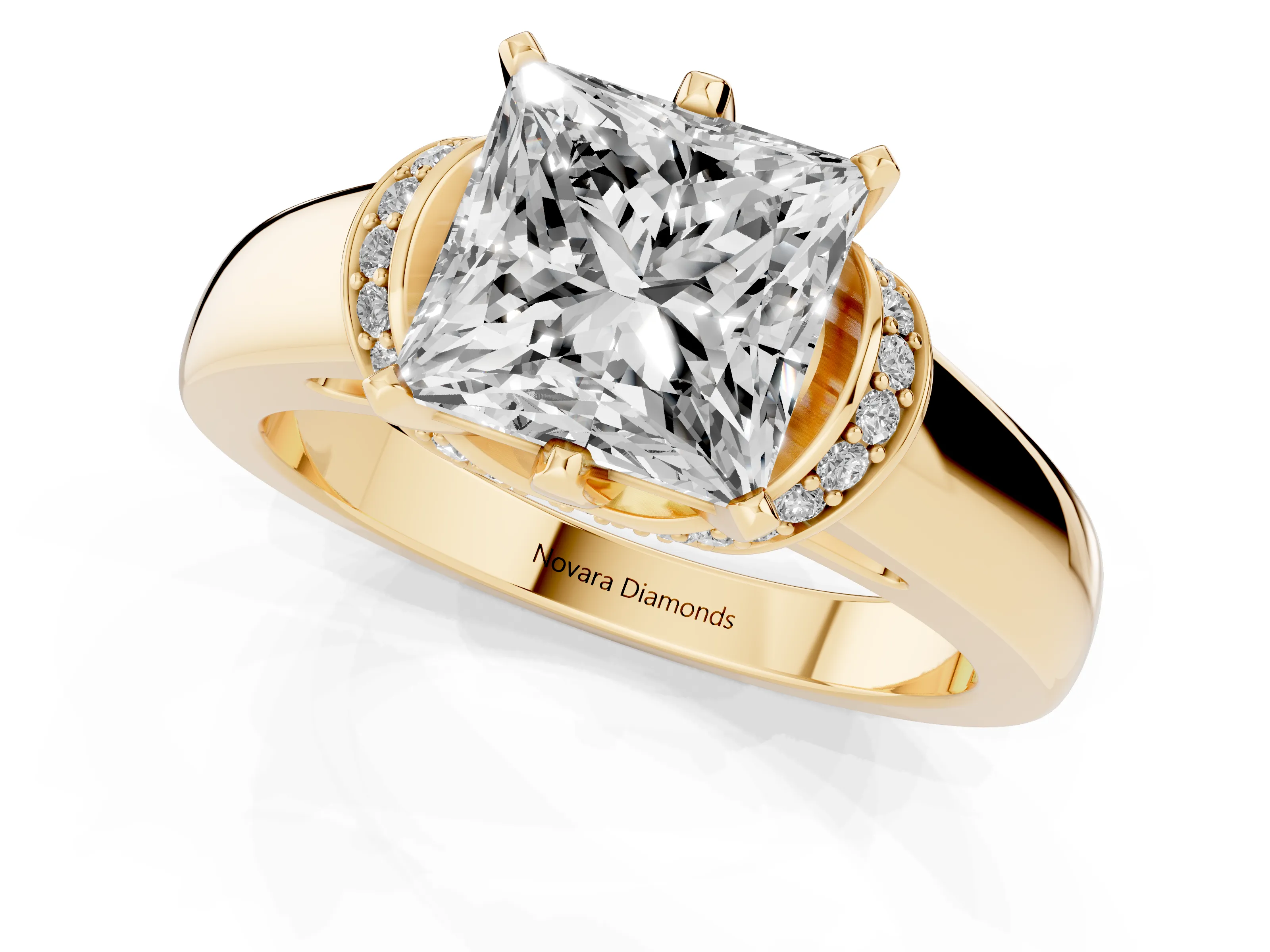Princess Cut Diamond Pavé Band Solitaire Ring Set in Yellow gold with Prong Setting