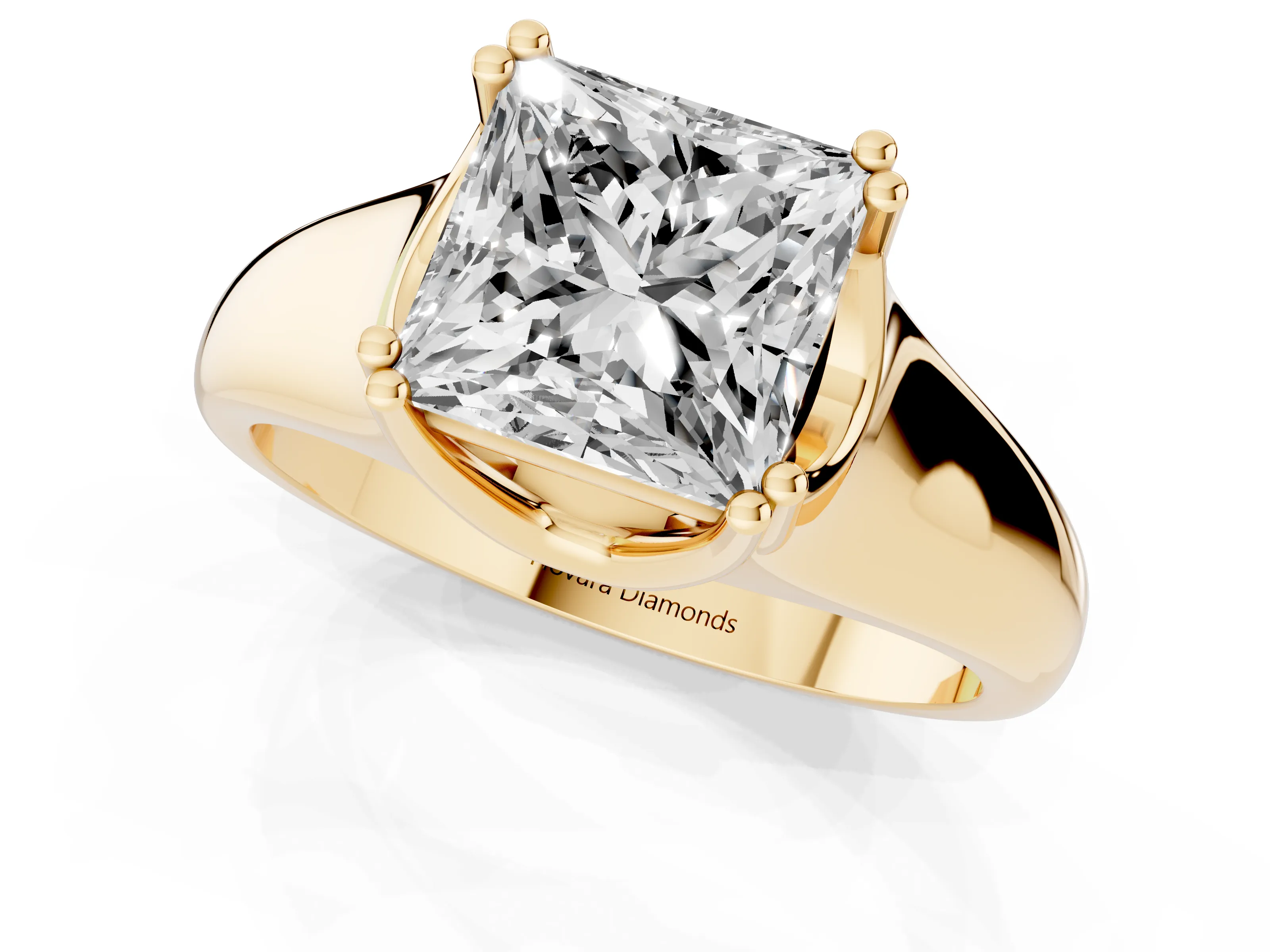Princess Cut Diamond Solitaire Ring Set in Yellow gold with Wide Band and Prong Setting