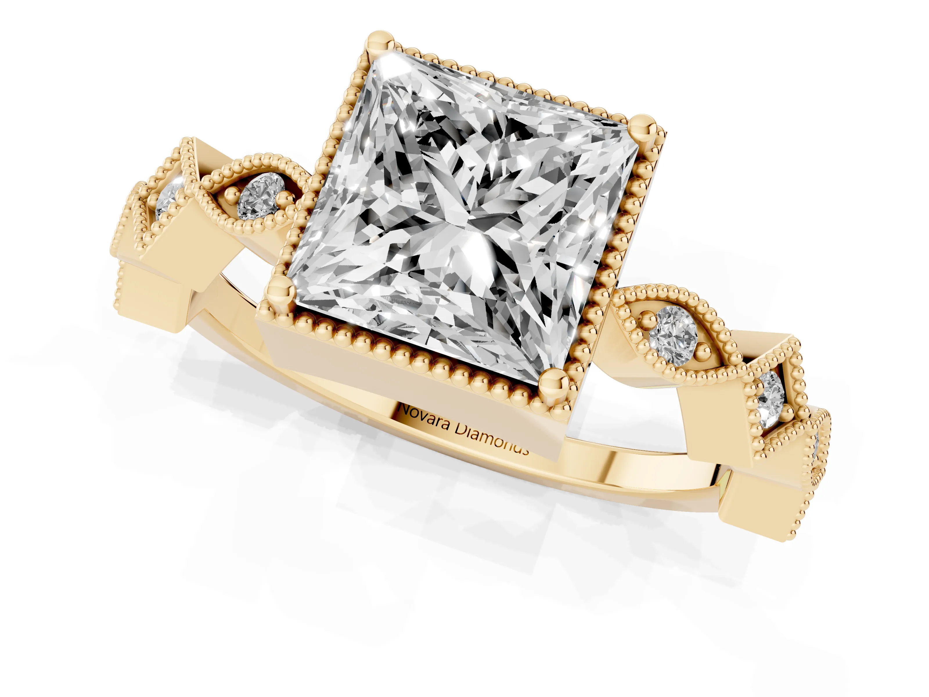 Princess Cut Diamond Milgrain Marquise Twist Band Ring Set in Yellow gold with Prong Setting