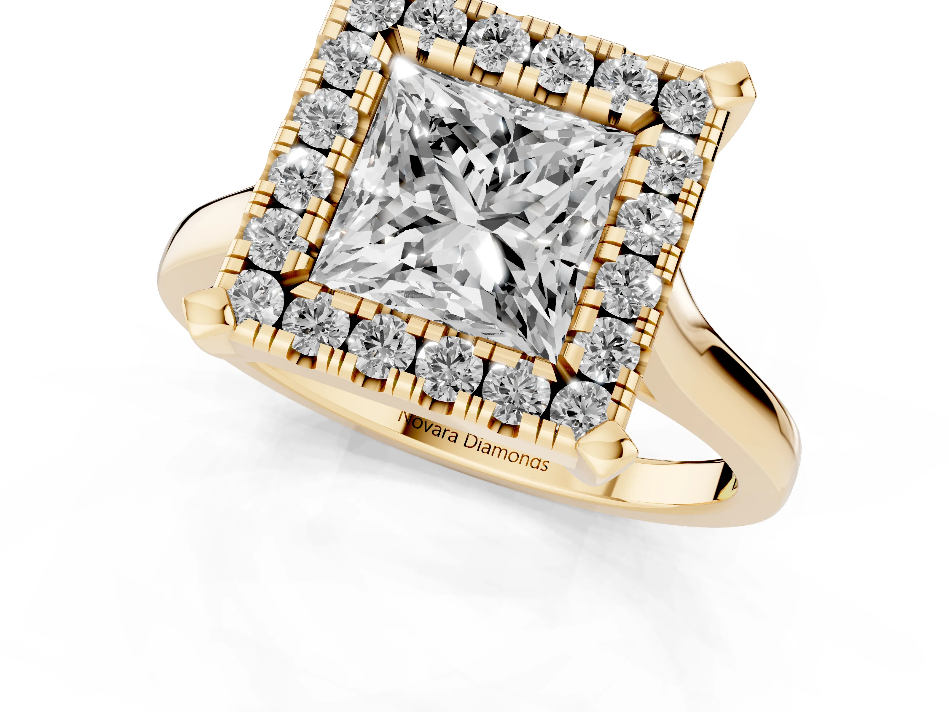 Princess Cut Diamond Cluster Halo Solitaire Ring Set in Yellow gold with Prong Setting