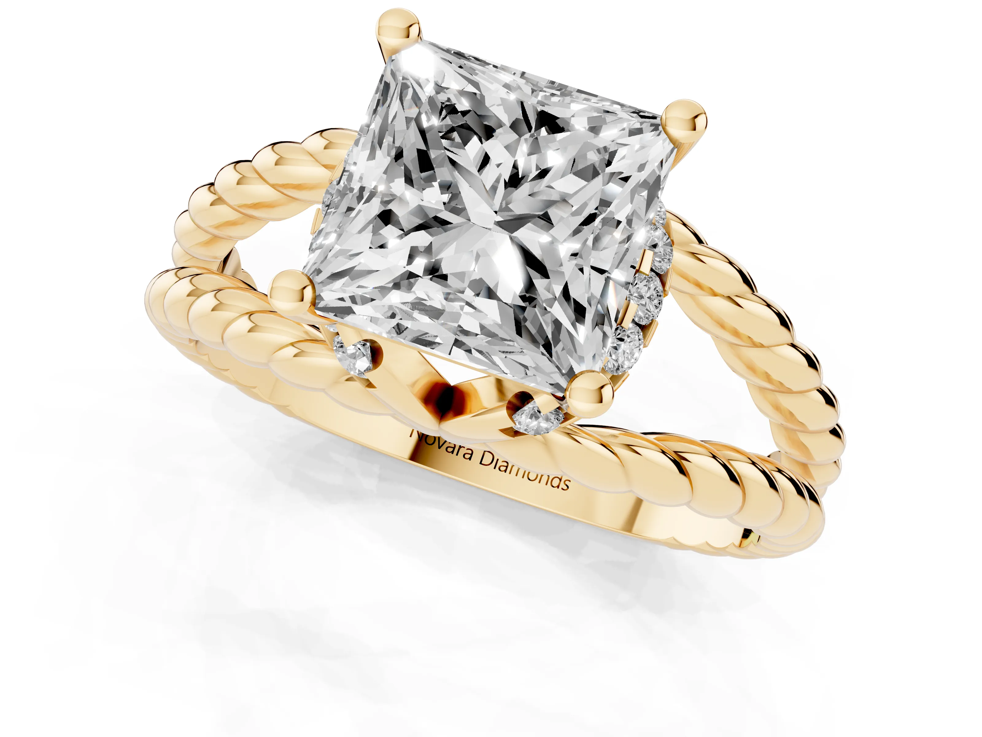 Princess Cut Diamond Halo Ring Set in Yellow gold with Twisted Band and Prong Setting