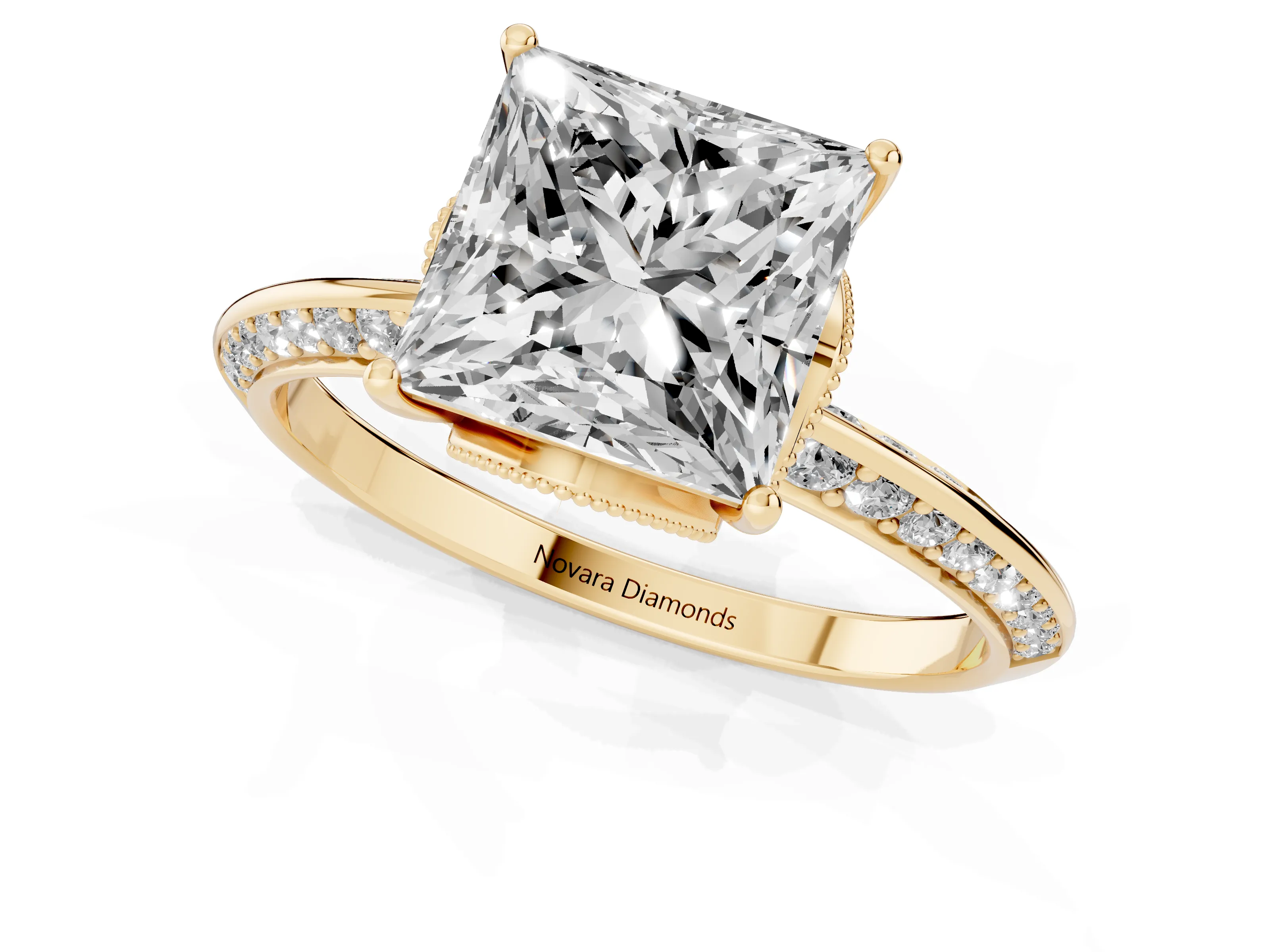 Princess Cut Diamond Solitaire Engagement Ring Set in Yellow gold with Pavé Split Shank and Prong Setting