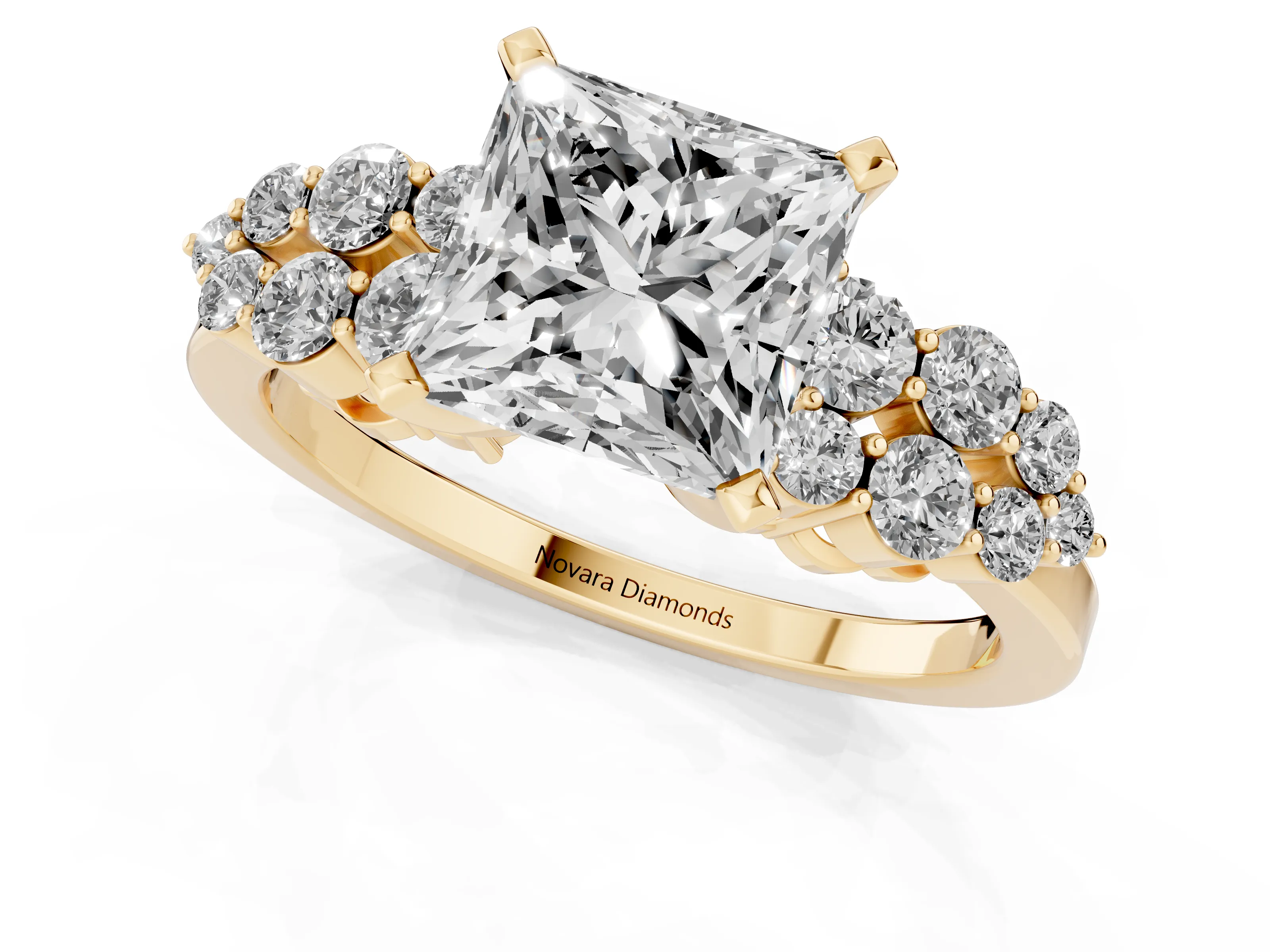 Princess Cut Diamond Cluster Engagement Ring Set in Yellow gold with Pavé Band and Prong Setting