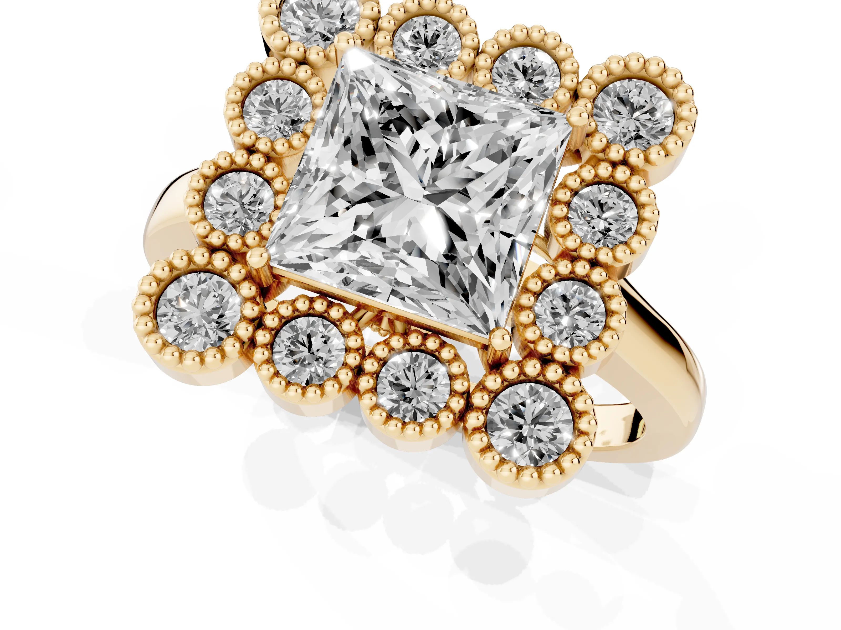 Princess Cut Diamond Cluster Halo Ring Set in Yellow gold with Milgrain Bezel Accents and Plain Band